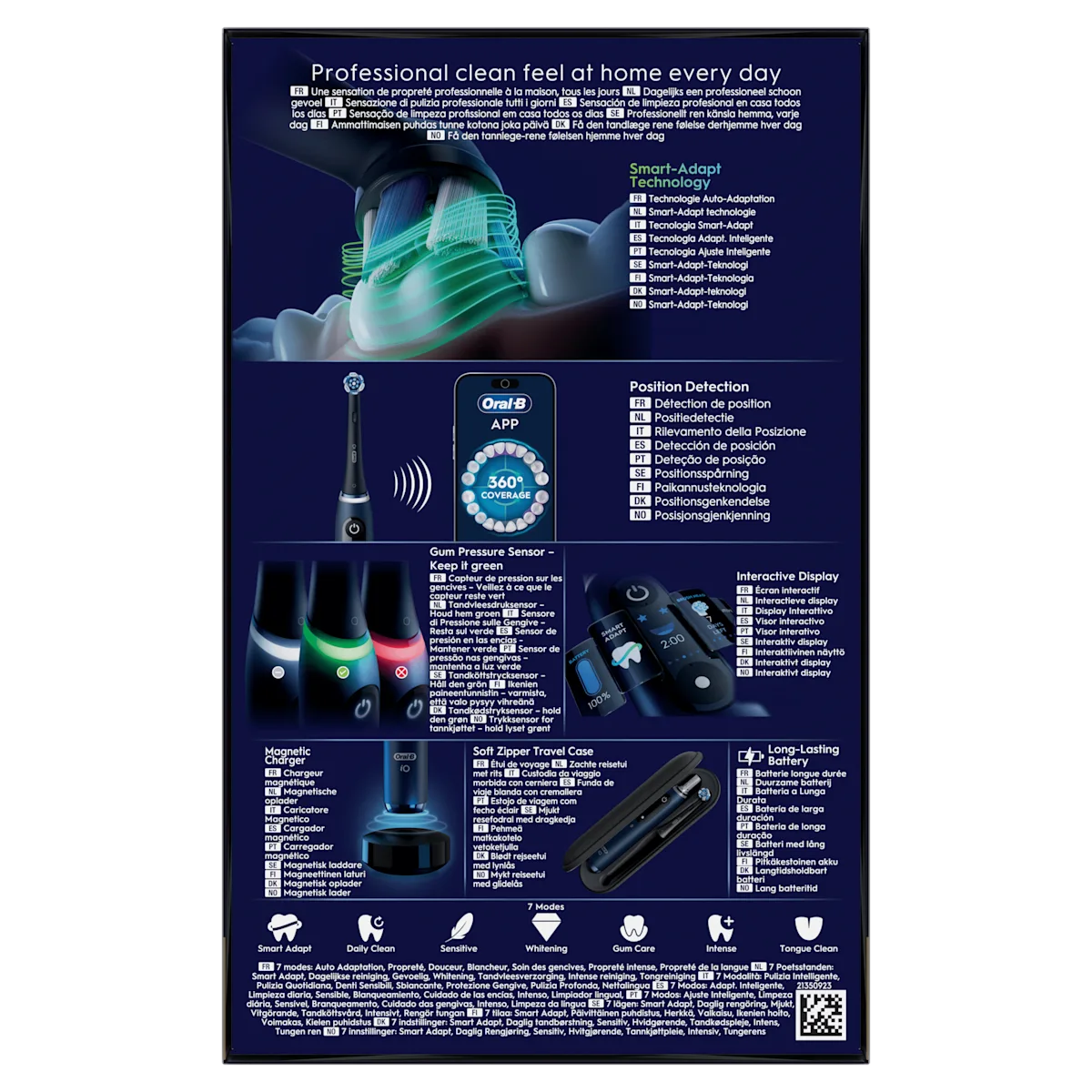 Oral-B iO, mettant en avant la technologie Smart-Adapt, l'application mobile et le capteur de pression sur les gencives.