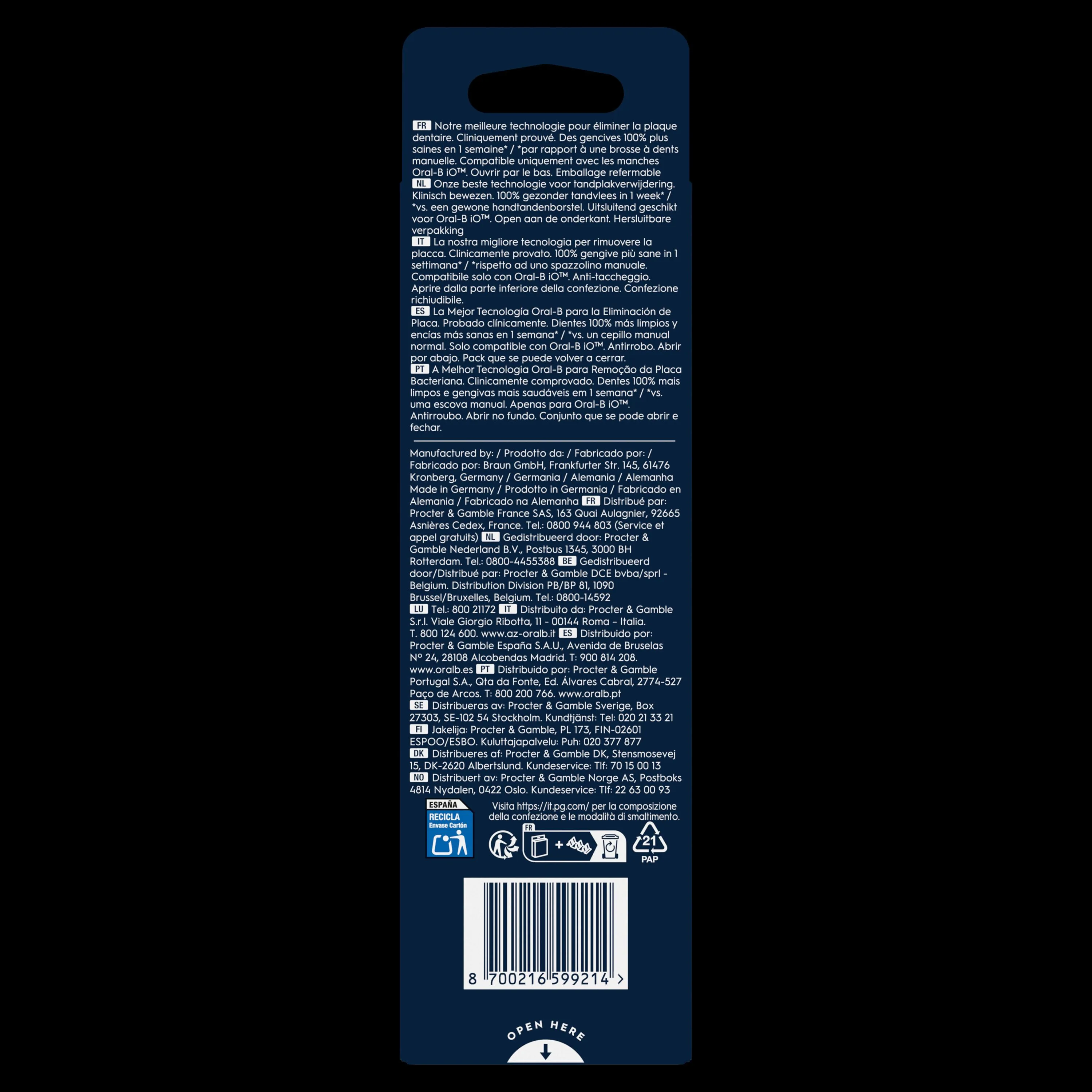 Oral-B iO, emballage mettant en avant des gencives 100% plus saines en 1 semaine par rapport à une brosse à dents manuelle.