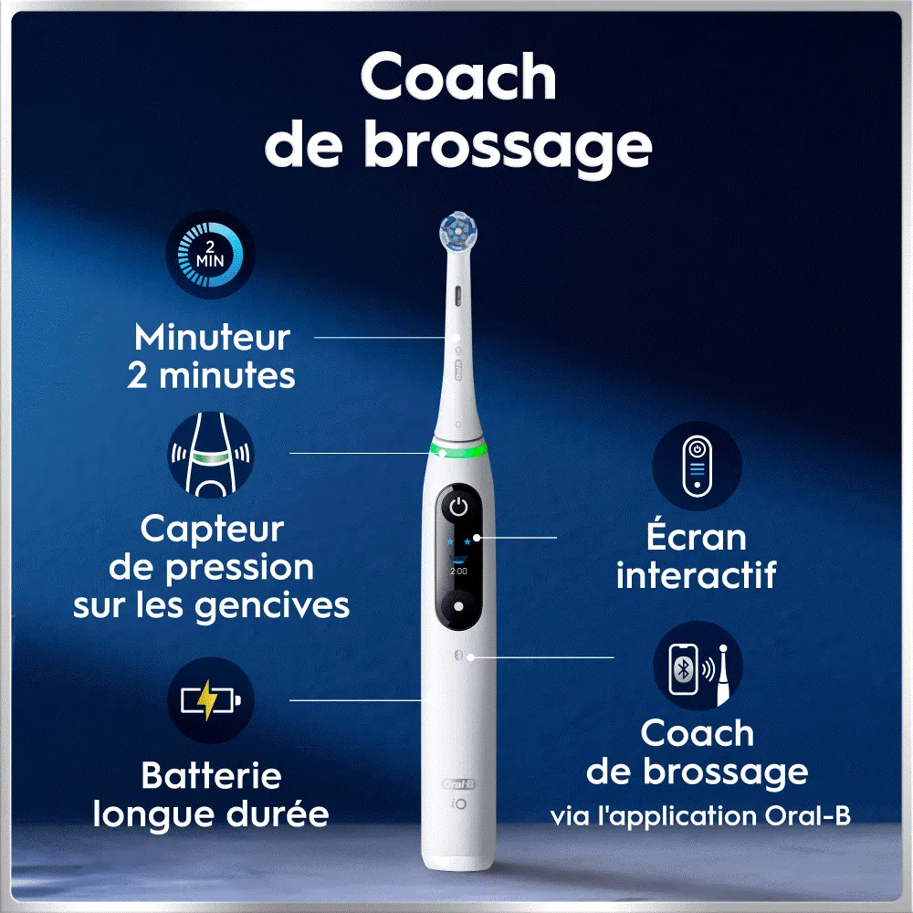 Brosse à dents électrique Oral-B avec minuteur, capteur de pression, écran interactif, batterie longue durée et connexion à l'application.