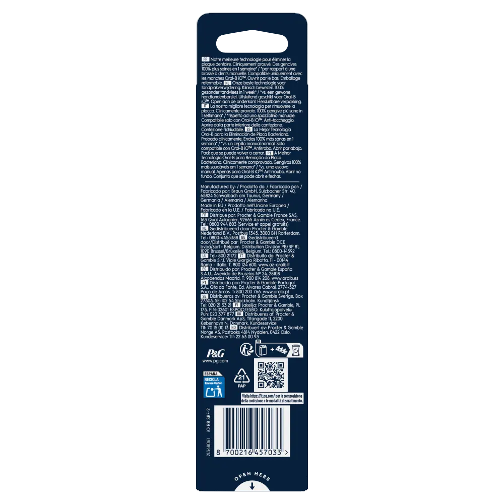 Oral-B iO, mettant en avant sa technologie de brossage Notre Meilleure technologie de brossage et ses brins alimentés individuellement.