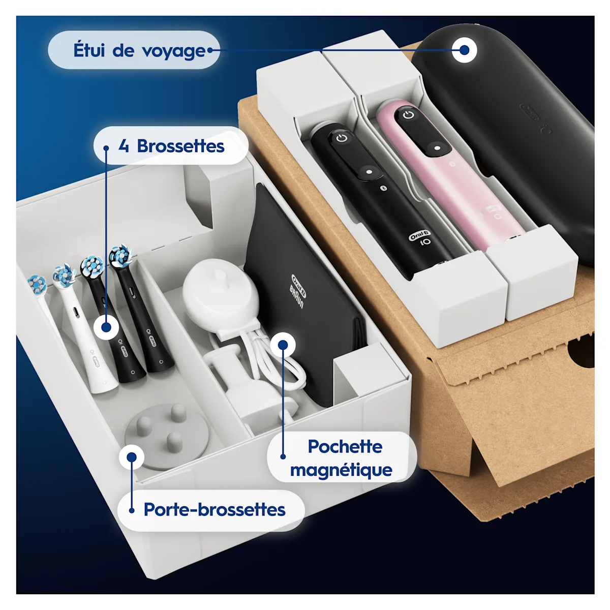 Le kit Oral-B iO comprend un étui de voyage, quatre têtes de brosse, un chargeur et une pochette magnétique pour une expérience complète.