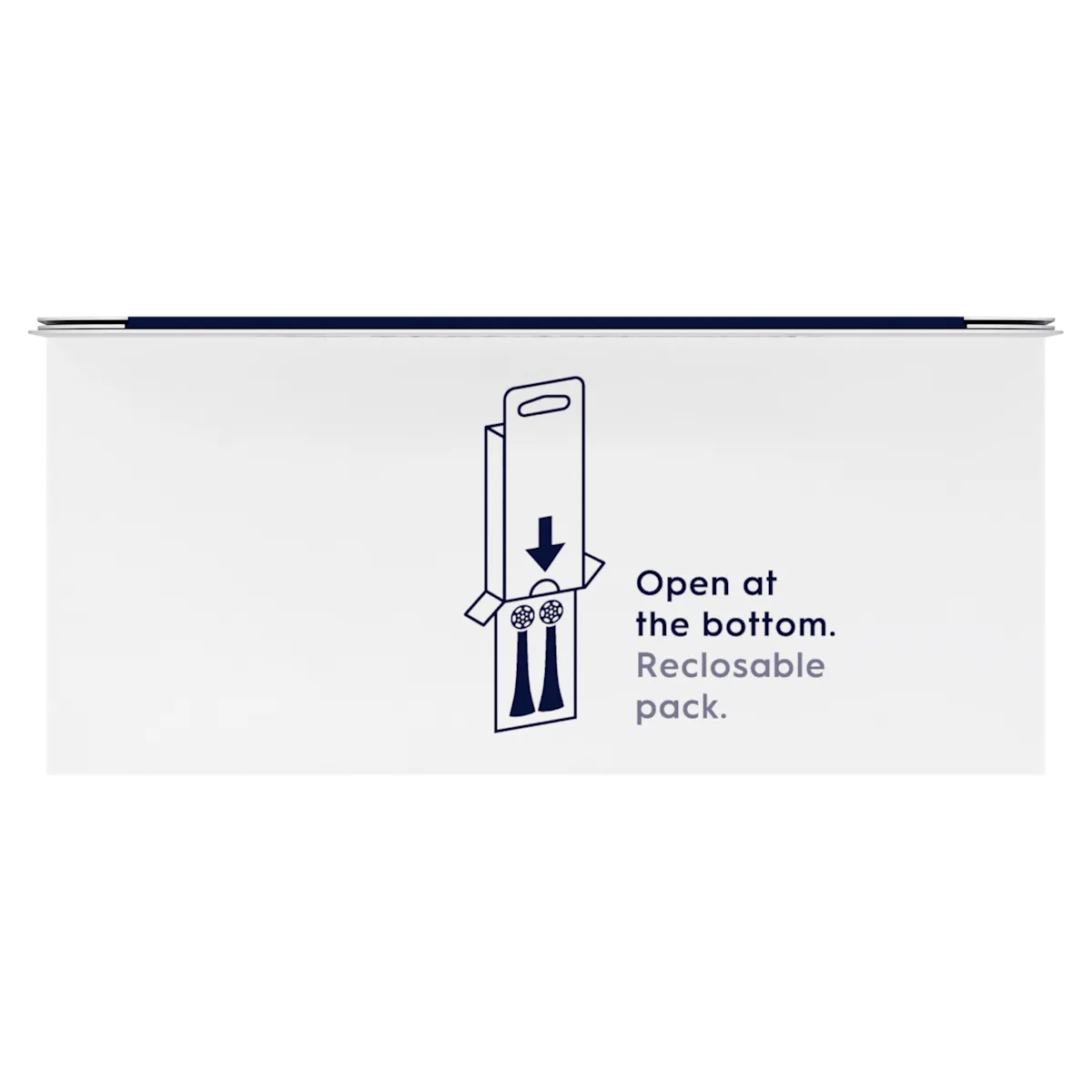 Oral-B, emballage montrant l’ouverture par le bas et un emballage refermable pour les têtes de brosse.