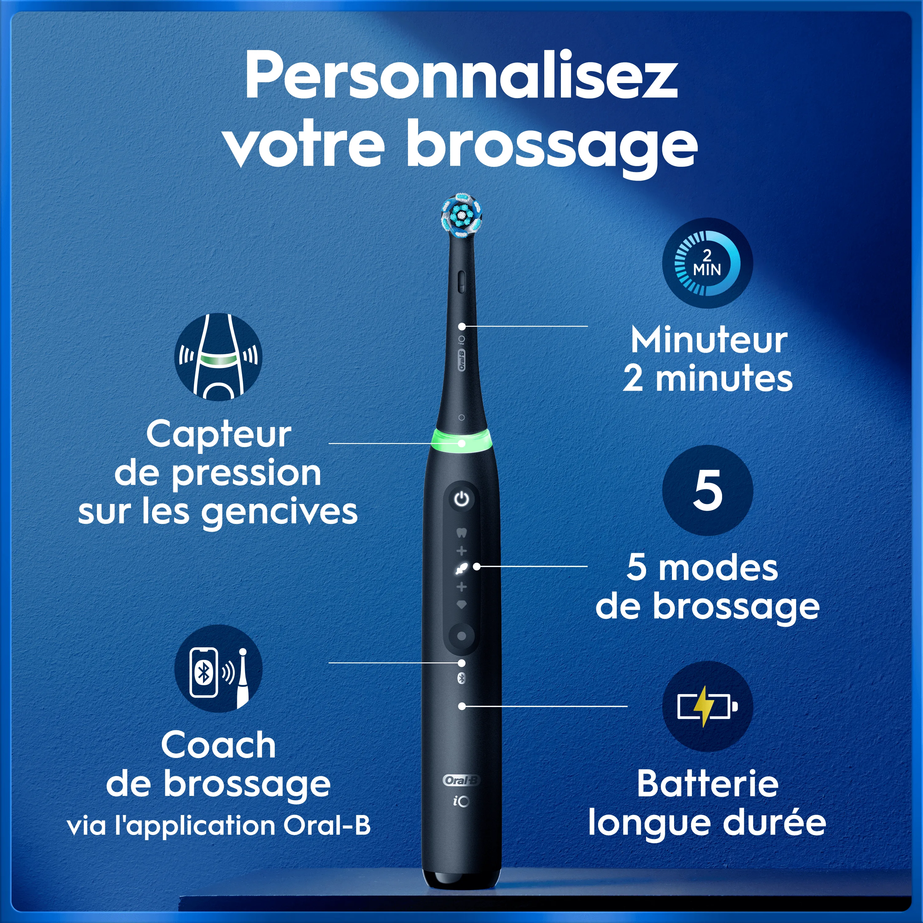 Brosse à dents électrique Oral-B rose avec fonctionnalités : capteur de pression, minuteur, 5 modes, batterie longue durée et coach via application.