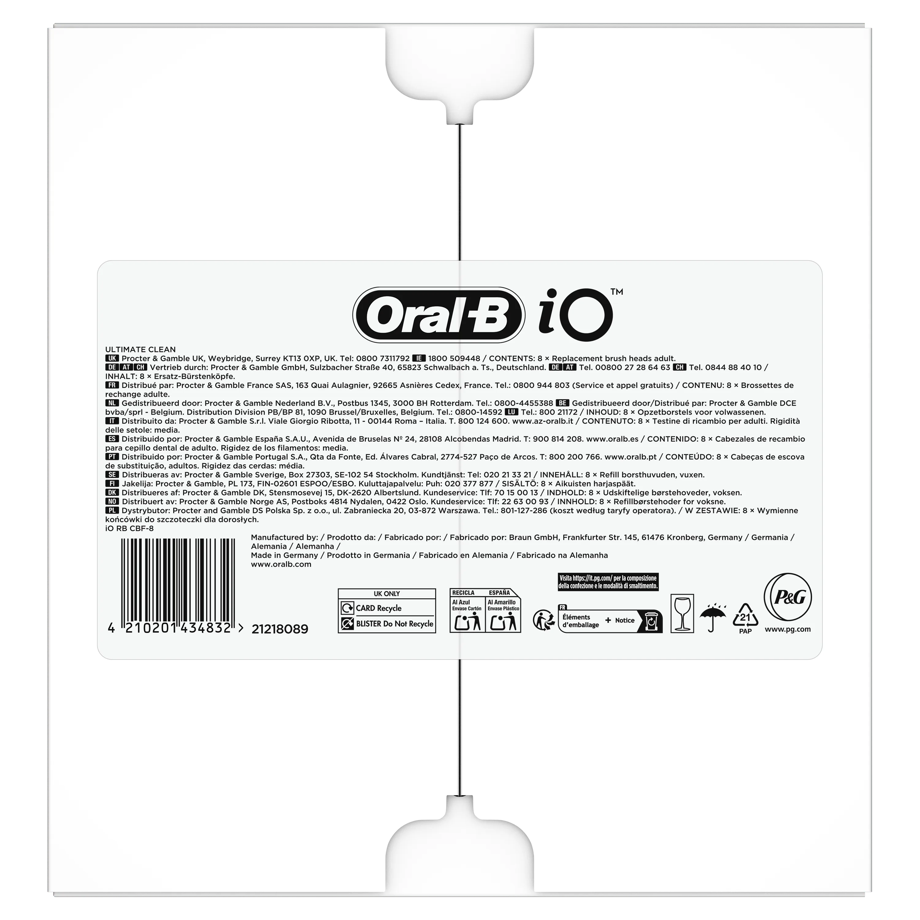 Oral-B iO, emballage présentant 8 brossettes de rechange pour adultes.