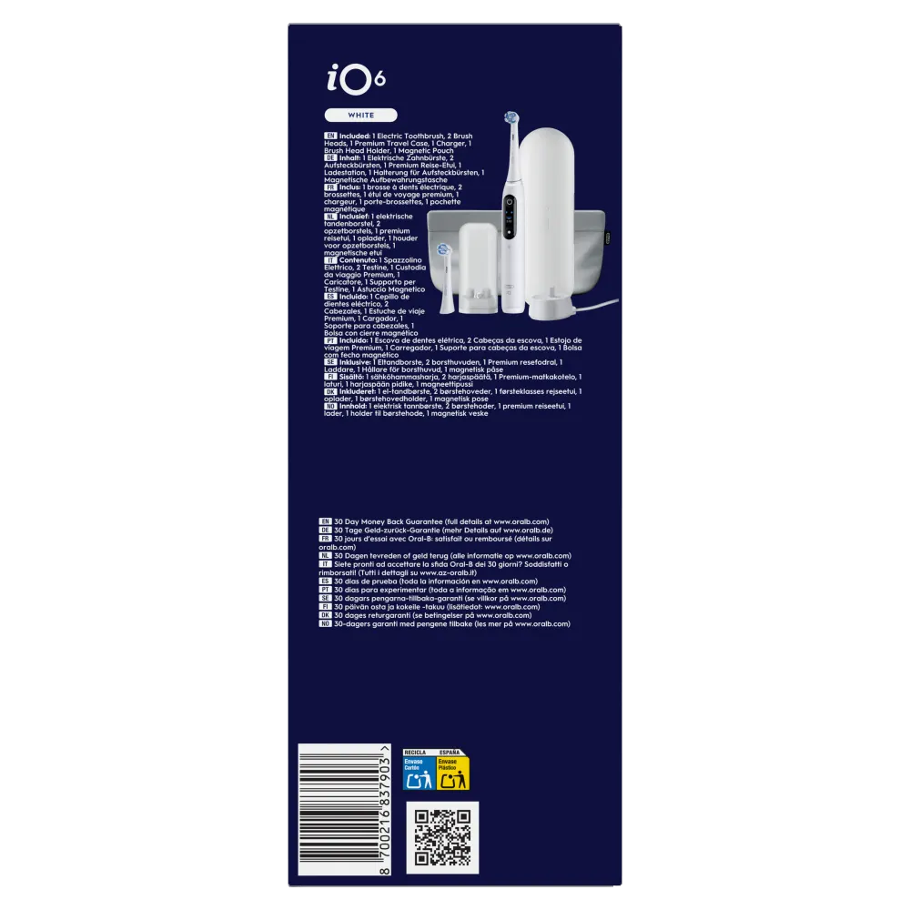 Oral-B iO6 blanche avec deux brossettes, un étui de voyage premium, un chargeur, un support de brossettes et une pochette magnétique.