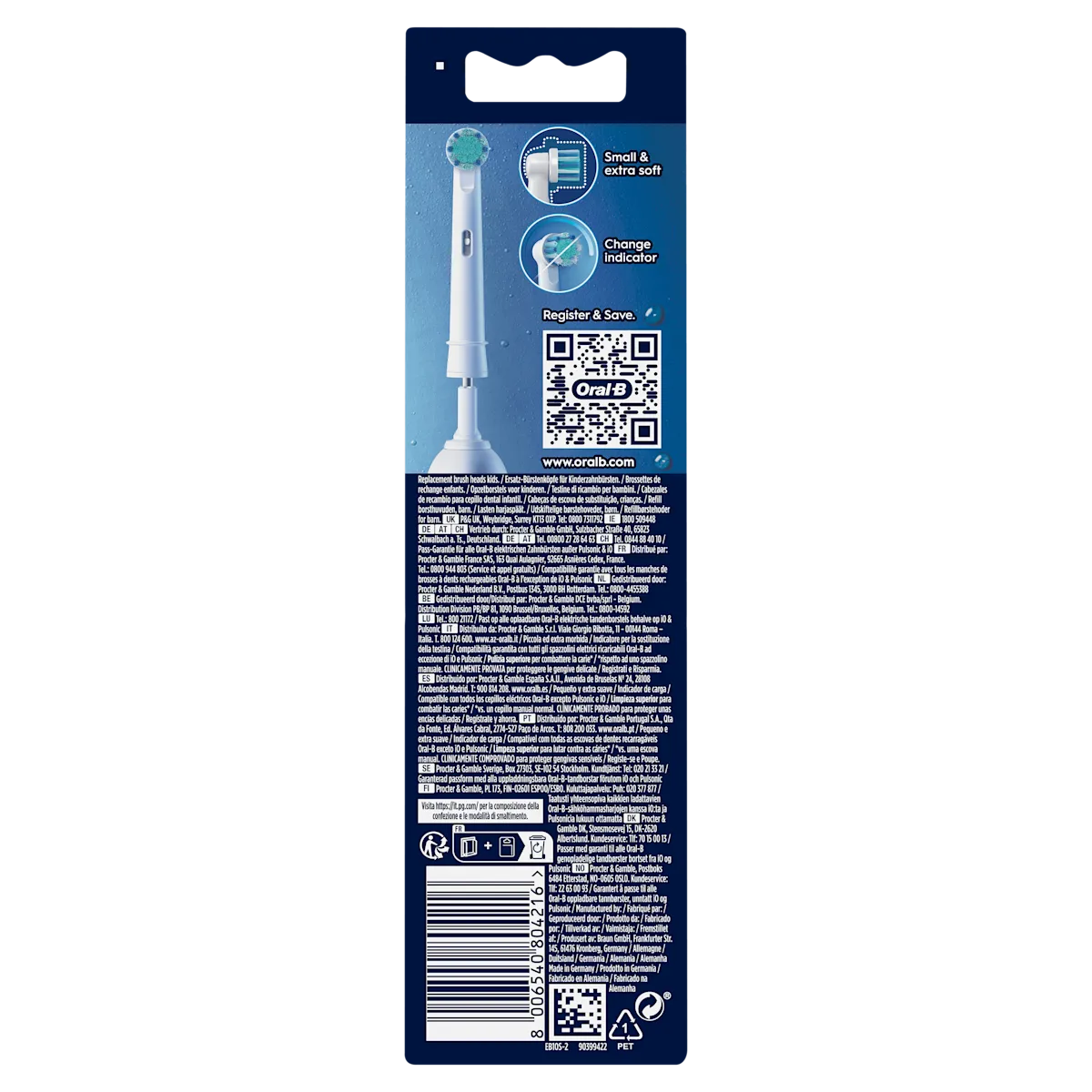 Oral-B brossettes de rechange enfants, emballage mettant en évidence les caractéristiques « petites et extra douces » et l'indicateur de changement.;
