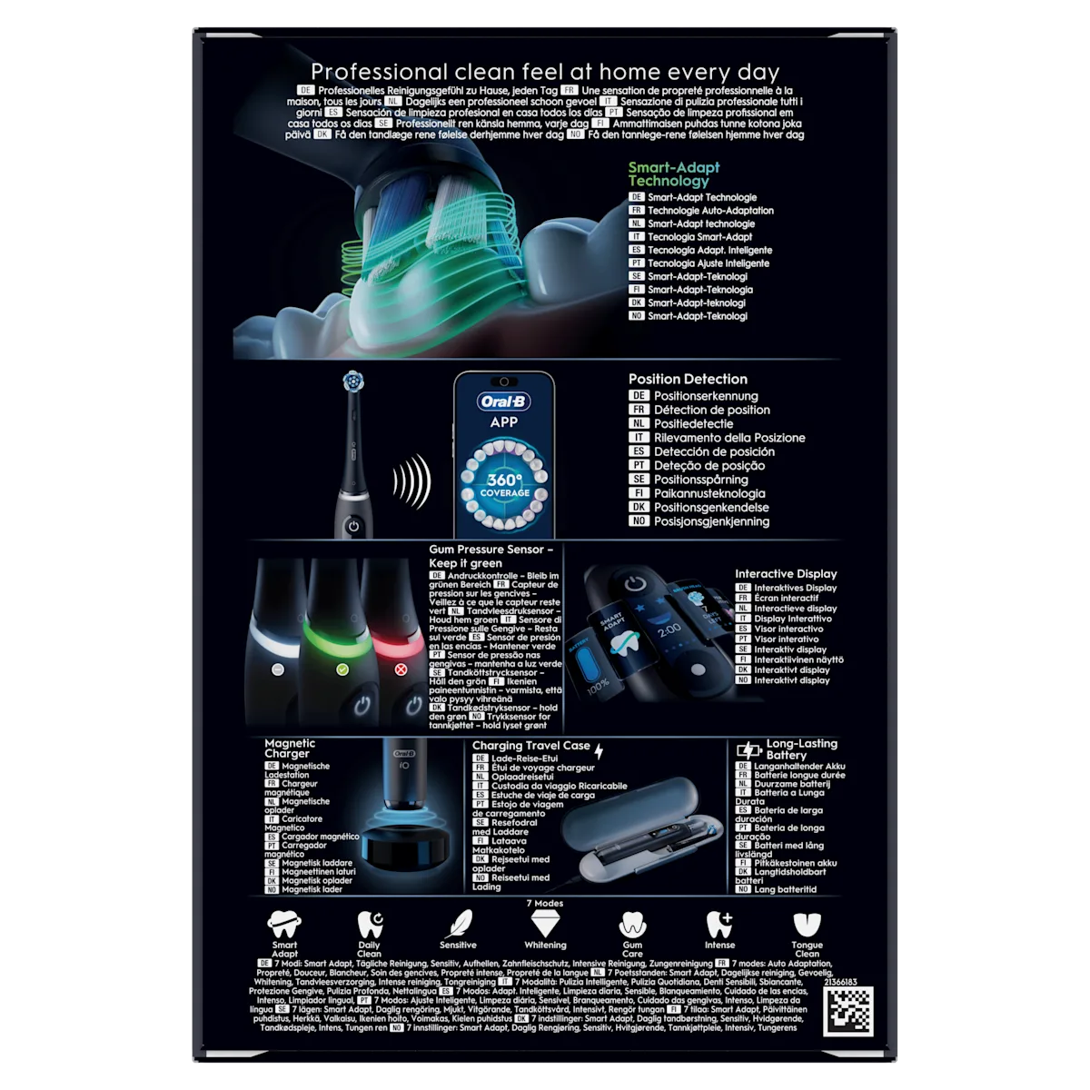 Oral-B iO, avec technologie Smart-Adapt, capteur de pression gencives (reste vert) et étui de voyage chargeur.