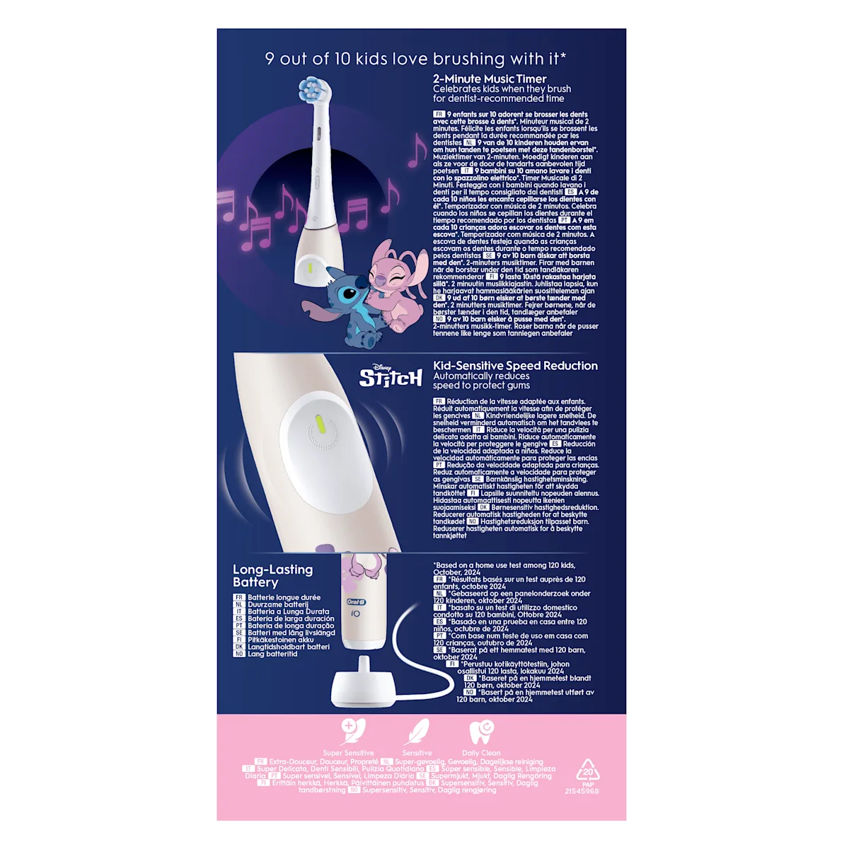 Oral-B iO brosse à dents enfant Stitch, minuterie musicale, réduction de vitesse.