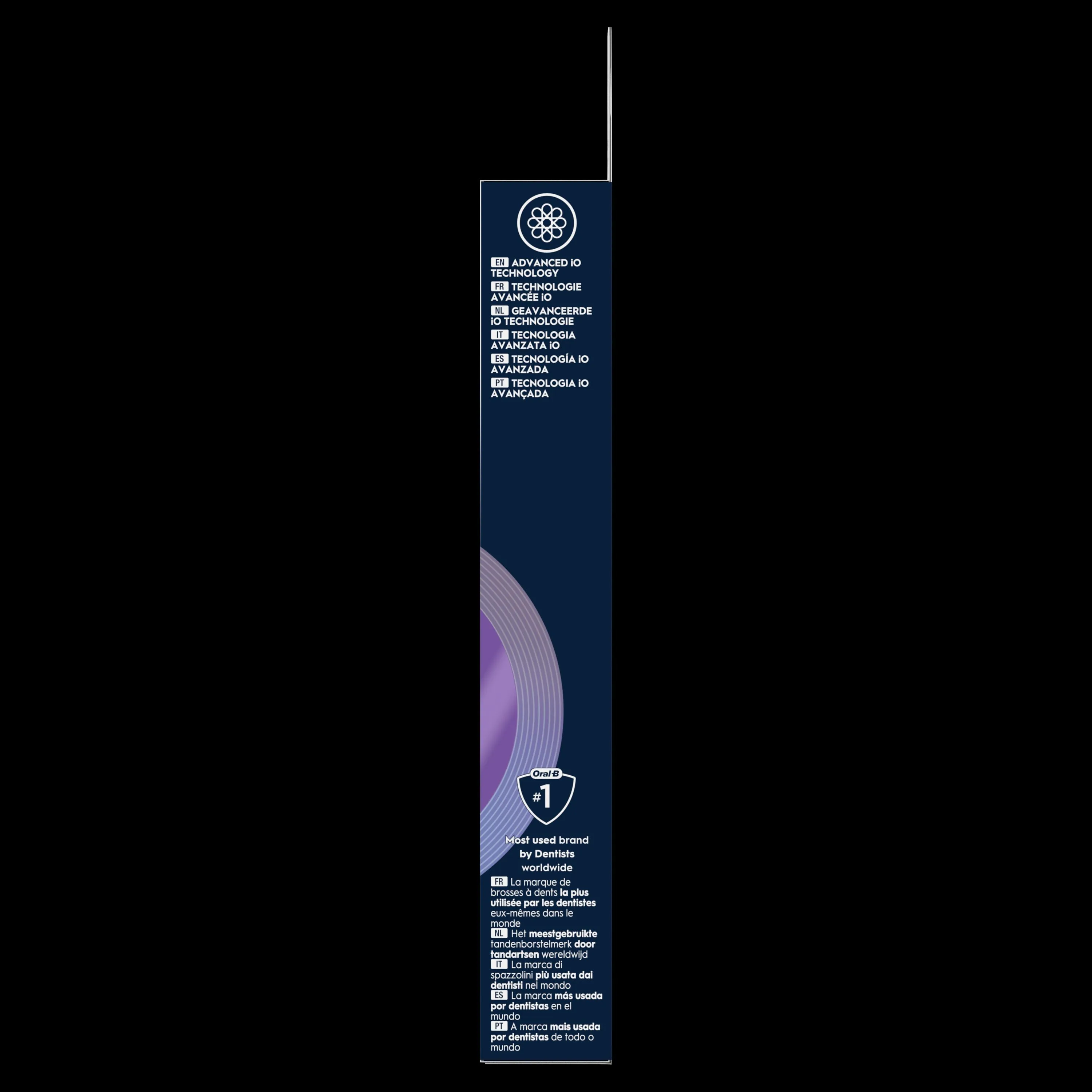 Oral-B brossettes iO, emballage mettant en avant la technologie avancée iO et la marque la plus utilisée par les dentistes.