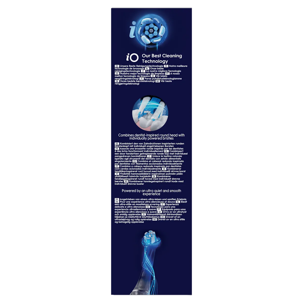 Emballage de la brosse à dents Oral-B iO, avec la mention de la meilleure technologie de brossage et d’une tête de brossette ronde inspirée par les dentistes.