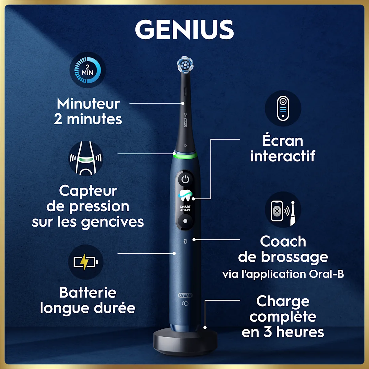 Brosse à dents électrique avec technologie adaptative illuminée en vert et bleu, s'ajustant automatiquement à votre brossage en temps réel.