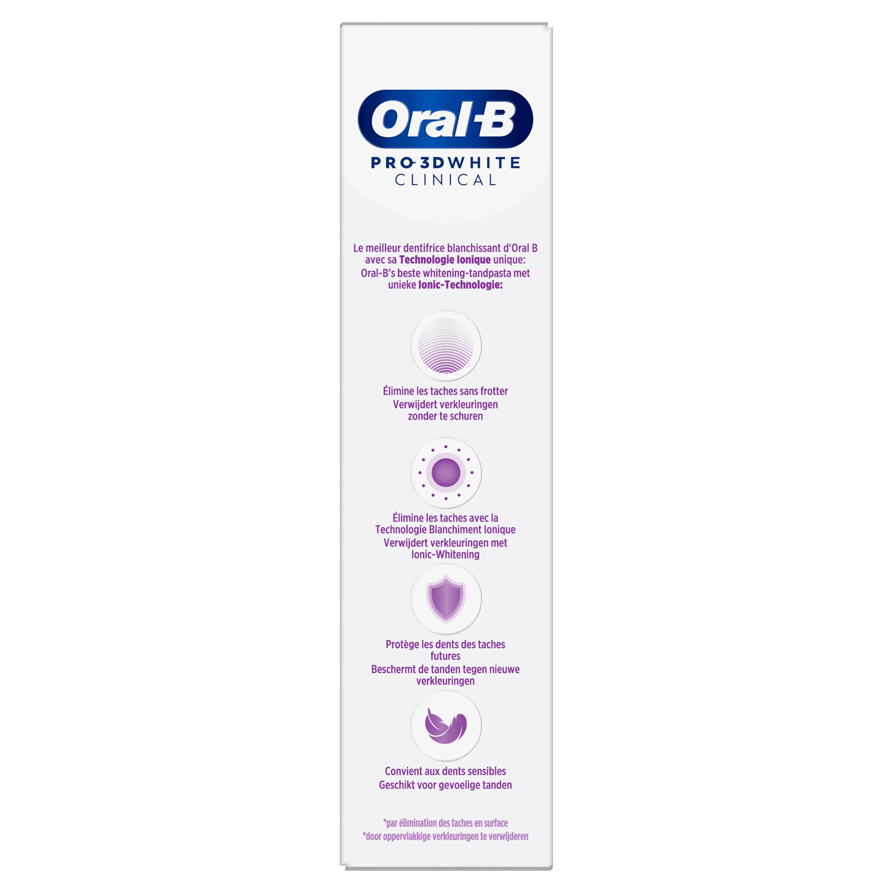 Oral-B Pro 3D White Clinical, emballage mettant en avant l'élimination des taches sans frotter grâce à la technologie ionique.