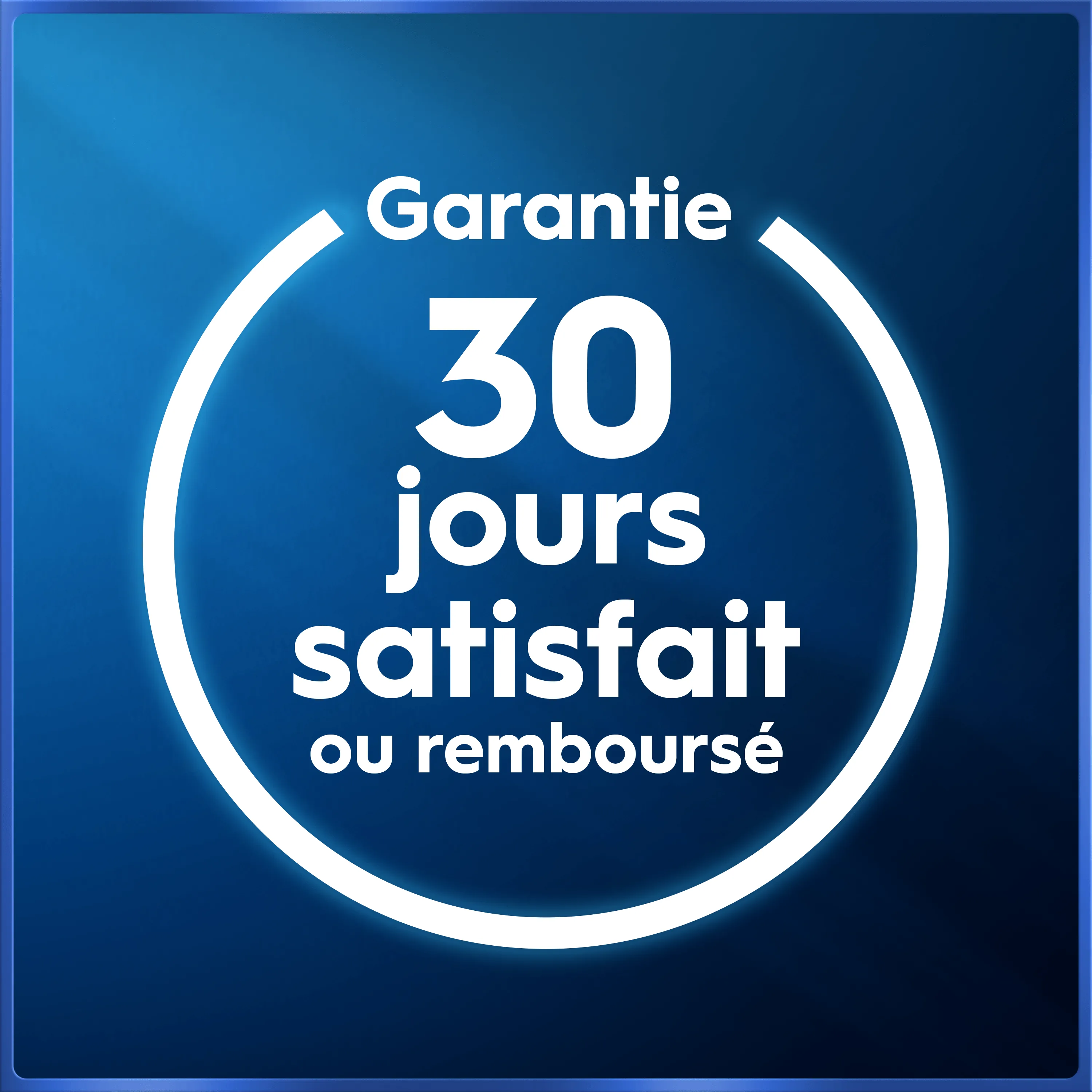 Garantie 30 jours satisfait ou remboursé, présentée dans un cercle blanc sur fond bleu lumineux.