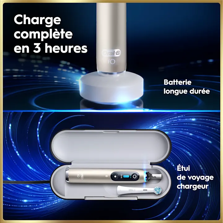 Oral-B iO avec charge complète rapide et étui de voyage chargeur.
