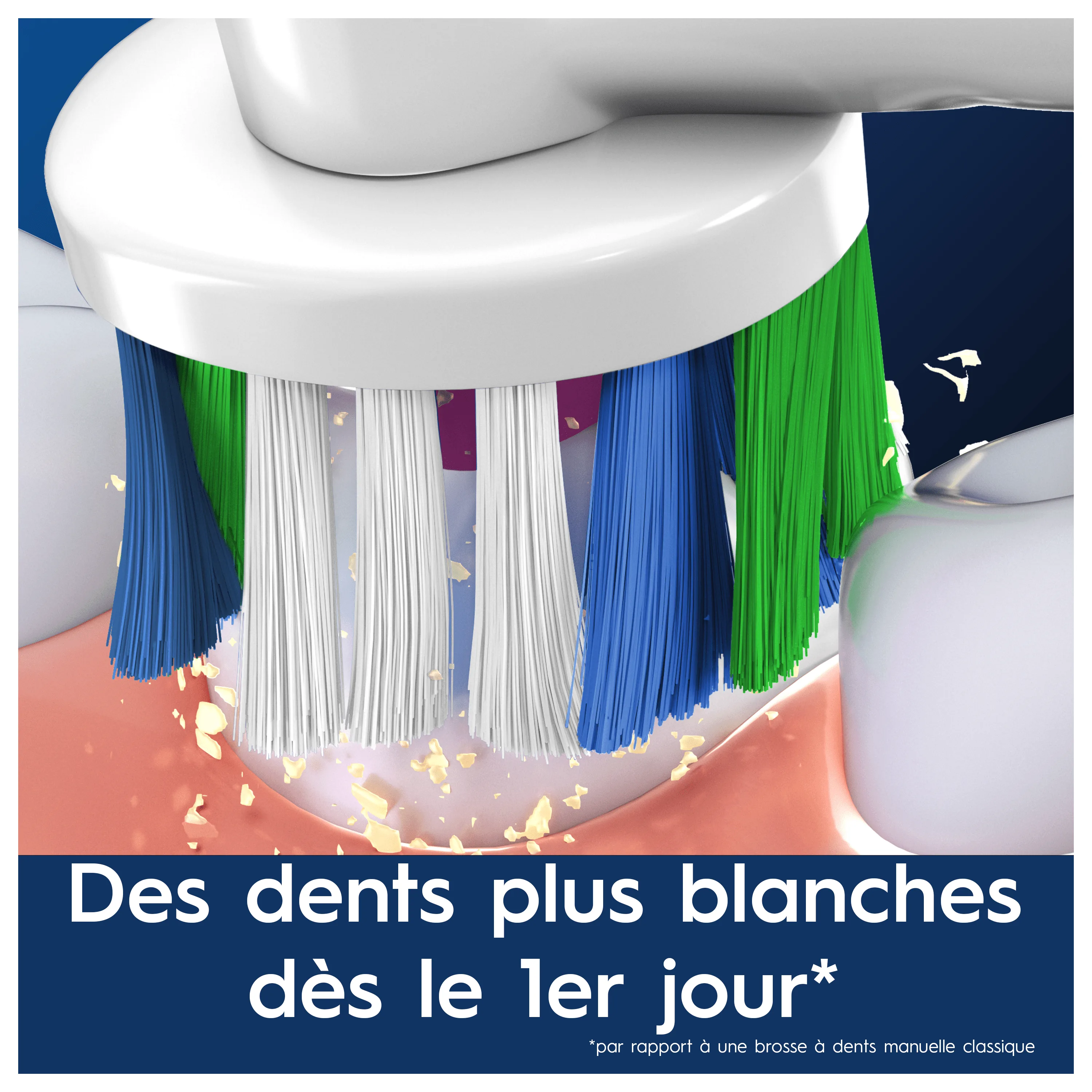 L'Oral-B élimine la plaque dentaire, révélant des dents plus blanches dès le premier jour d'utilisation.