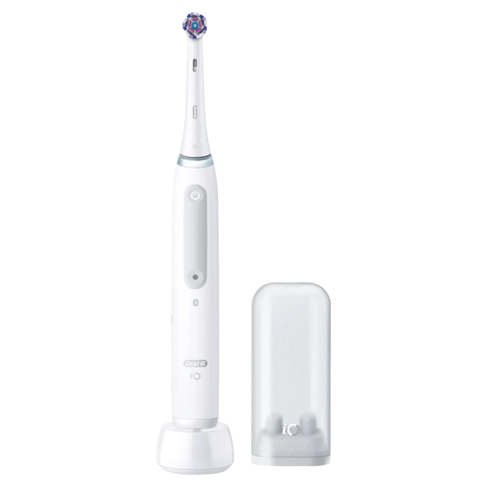 Brosse à dents électrique Oral-B iO blanche et son porte-brossettes.