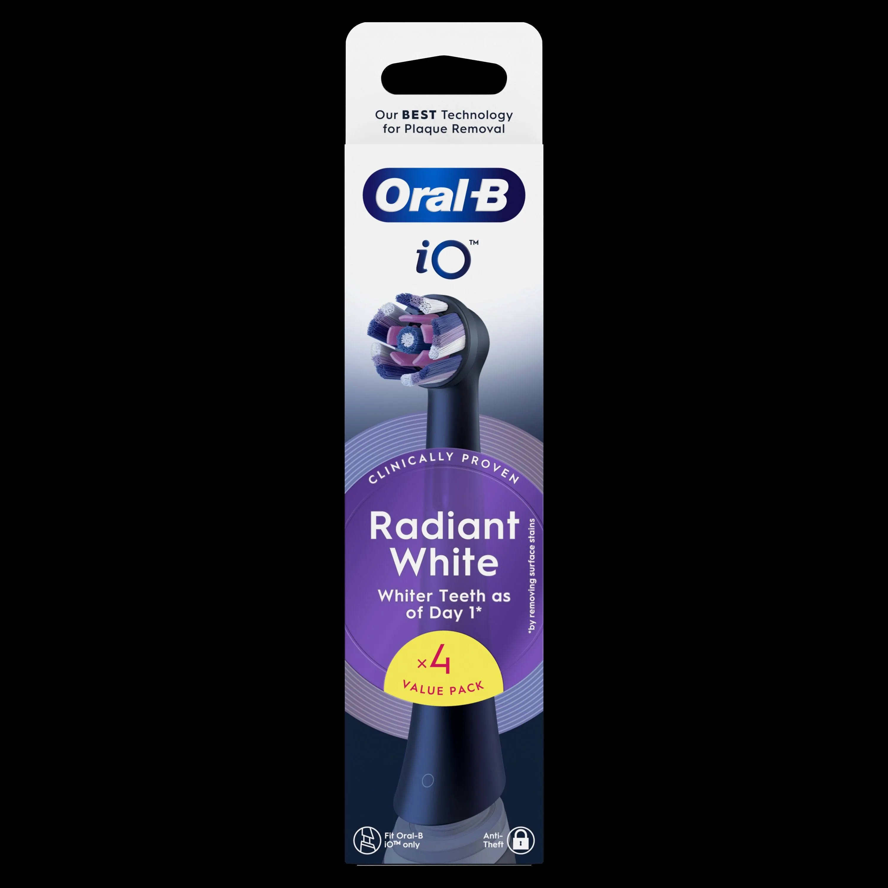 Oral-B iO, pack de 4 brossettes Radiant White, cliniquement prouvées pour des dents plus blanches dès le premier jour.