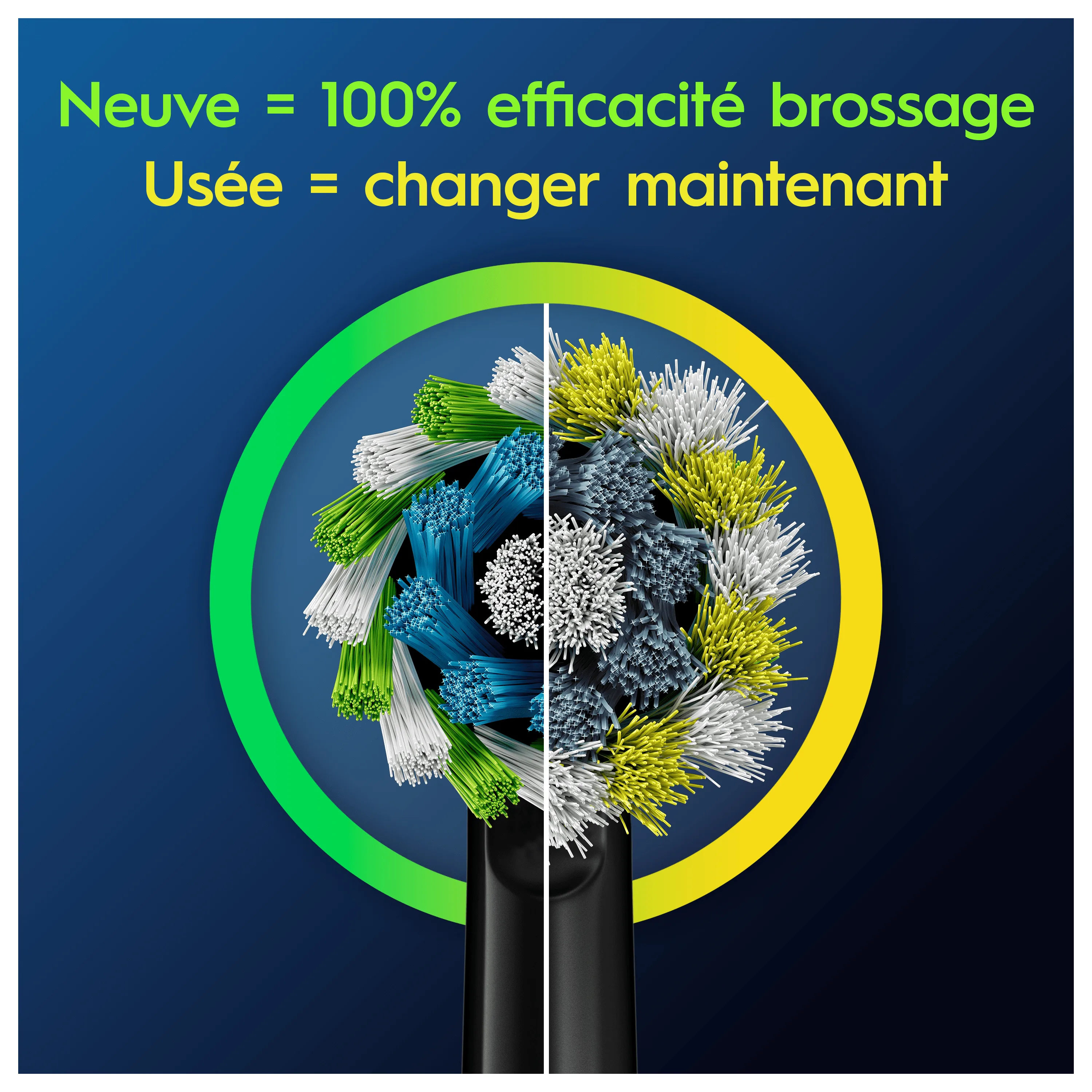 Une brossette Oral-B neuve comparée à une brossette usée, soulignant la nécessité de la remplacer pour une efficacité de brossage optimale.