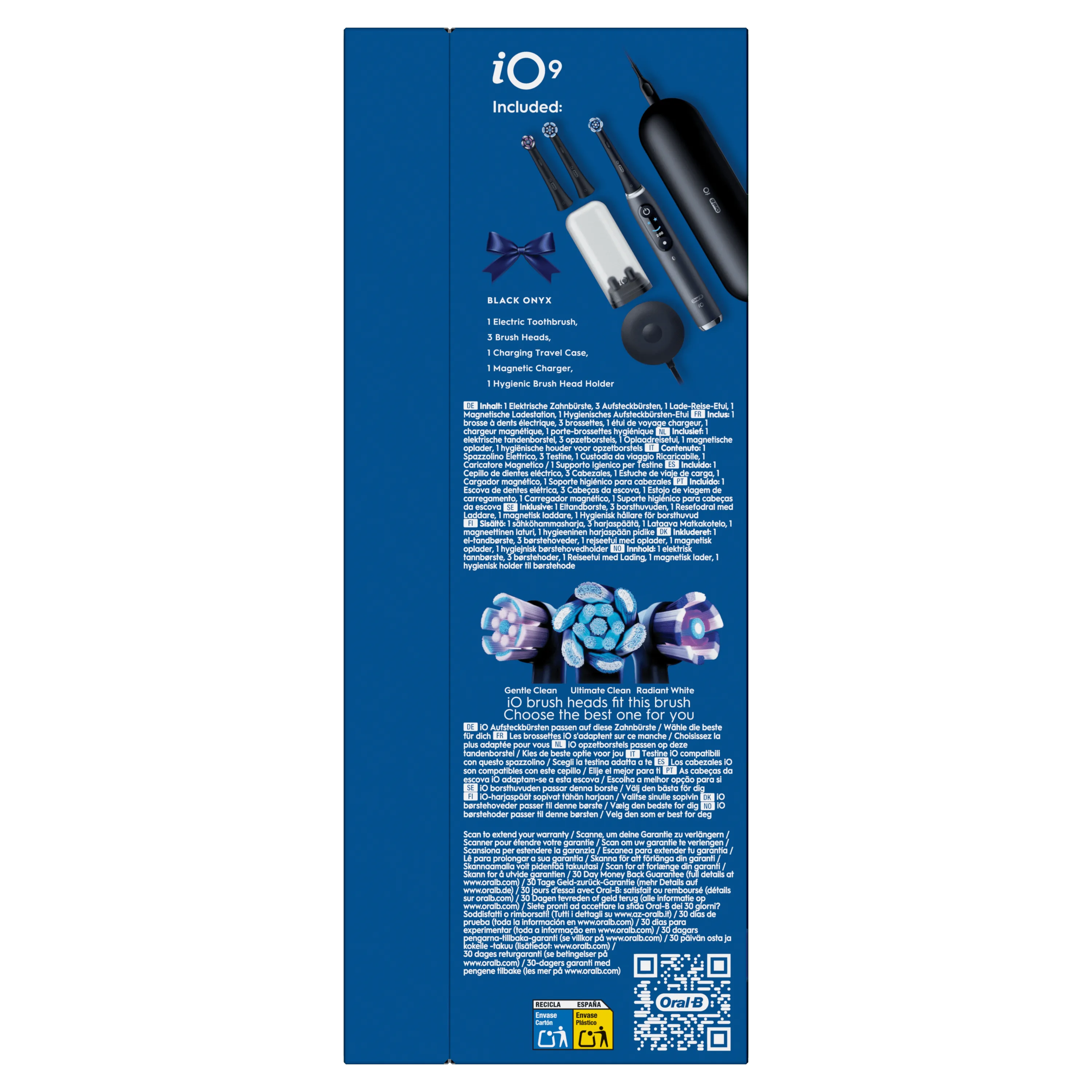Oral-B iO9, comprenant une brosse à dents électrique Onyx noire, trois têtes de brosse et un étui de voyage de charge.