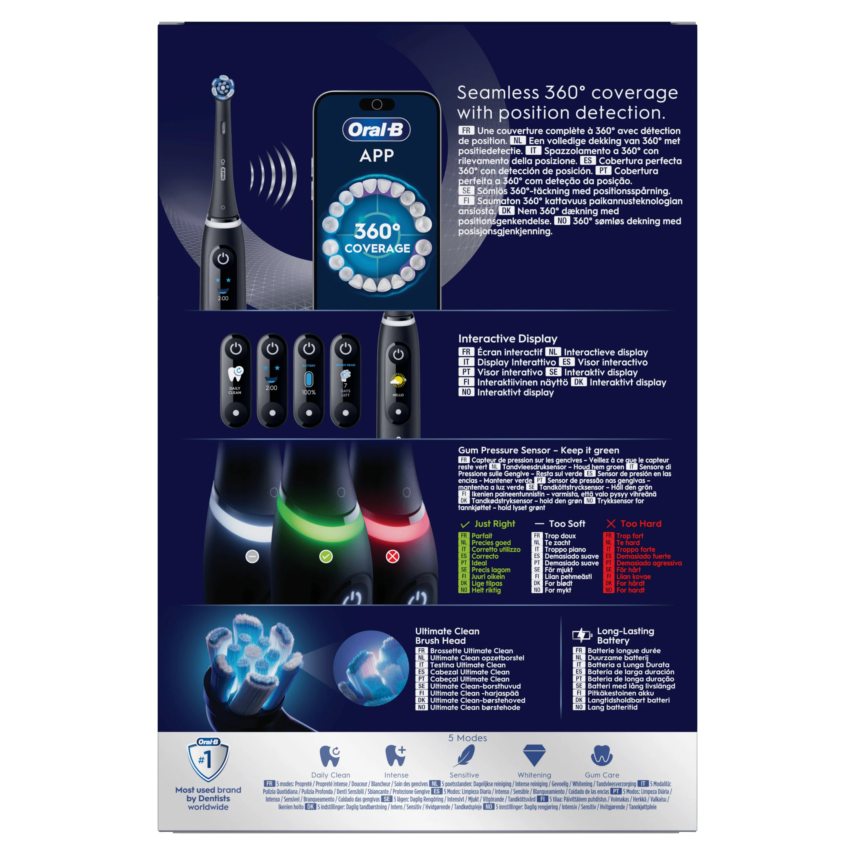 Brosse à dents Oral-B iO avec application affichant une couverture à 360° et un affichage interactif.