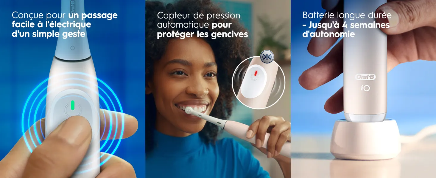 Brosse à dents Oral-B iO: geste simple, capteur de pression et batterie longue durée.