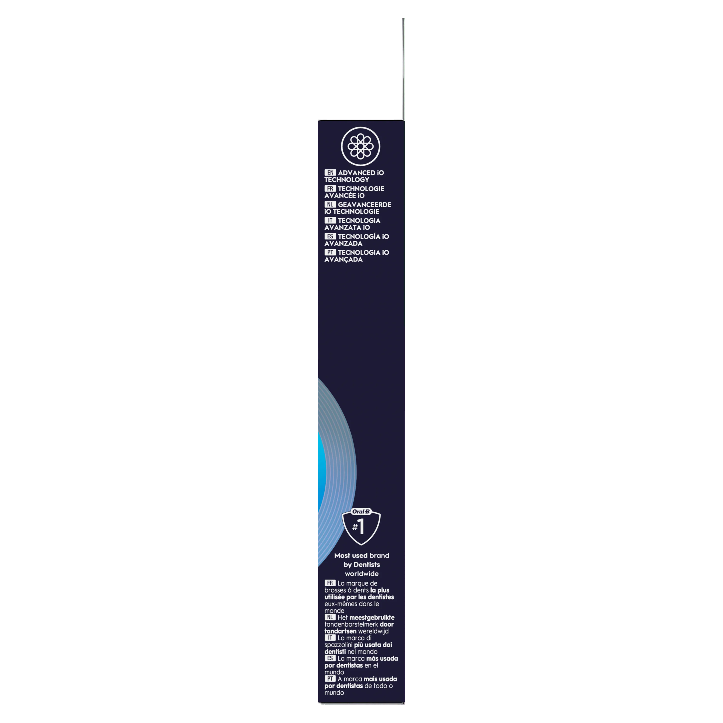 Oral-B iO, emballage mettant en avant la "Technologie Avancée iO" et le titre de "Marque N°1 recommandée par les dentistes dans le monde