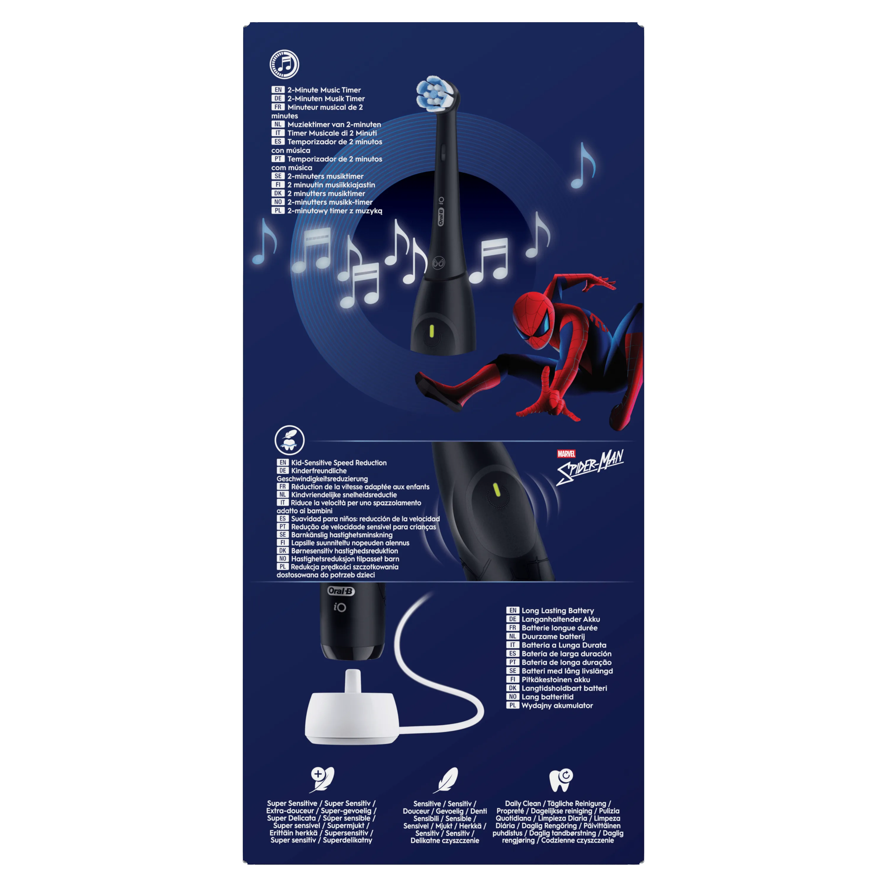 Oral-B iO brosse à dents électrique Spider-Man avec minuteur musical de 2 minutes, réduction de vitesse adaptée aux enfants et batterie longue durée.