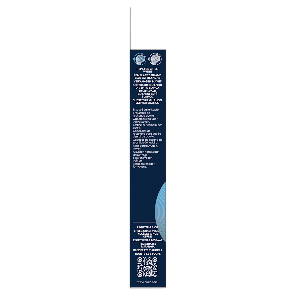 Oral-B, emballage des brossettes de rechange indiquant de remplacer quand les poils deviennent blancs.