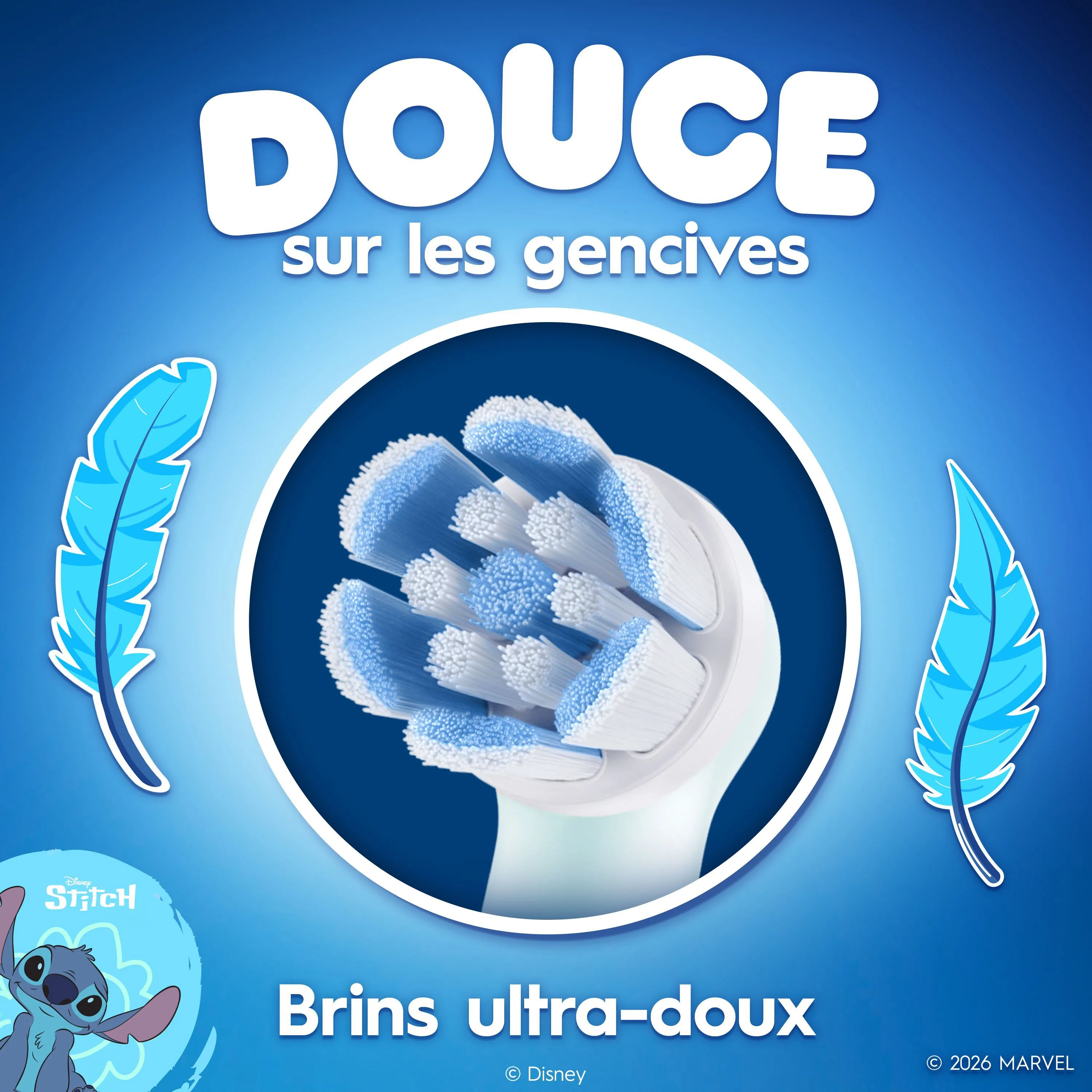 Icône de la brossette, avec Stitch dans le coin et deux plumes autour de l’icône