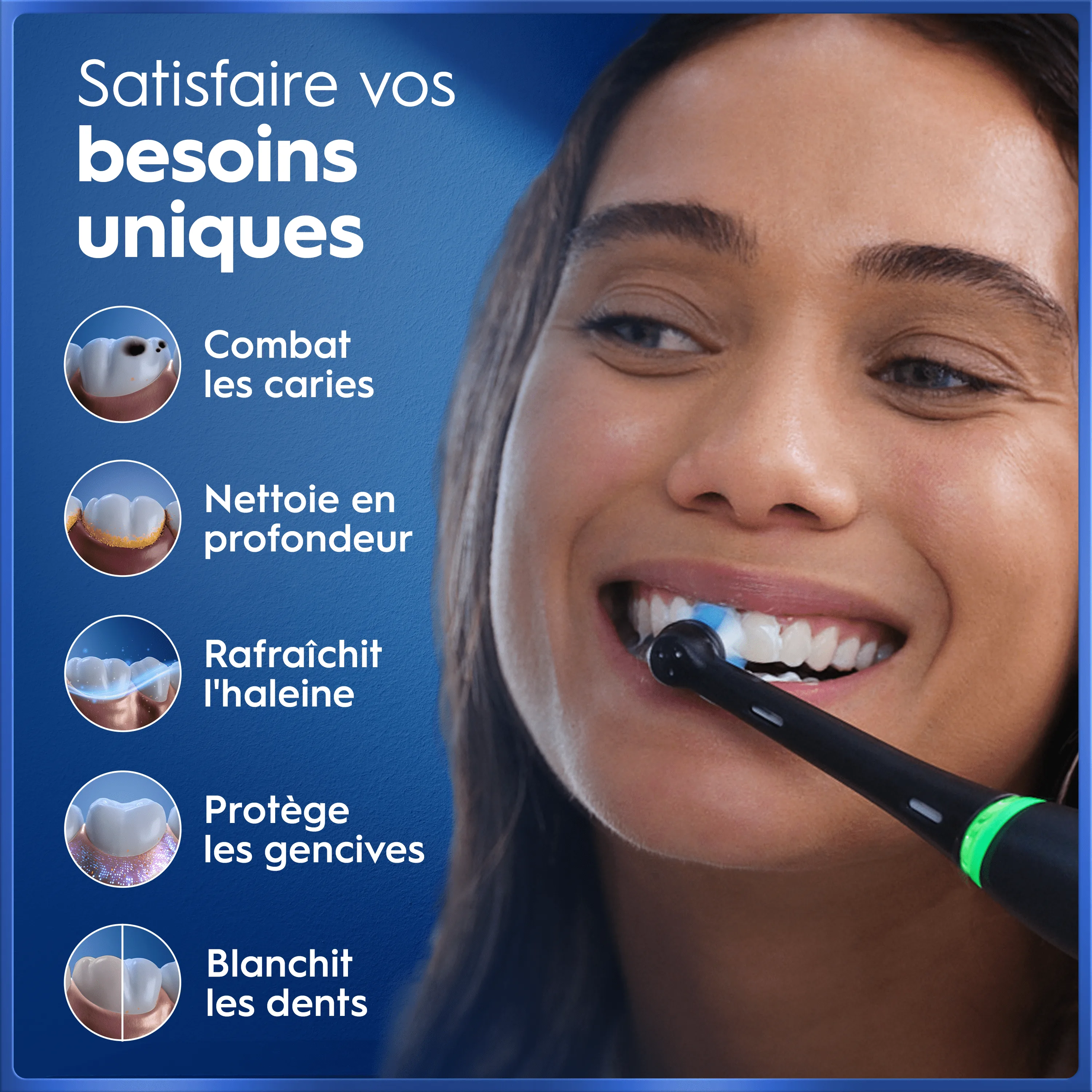Publicité dentaire: produit qui combat les caries, nettoie en profondeur, rafraîchit l'haleine, protège les gencives et blanchit les dents.