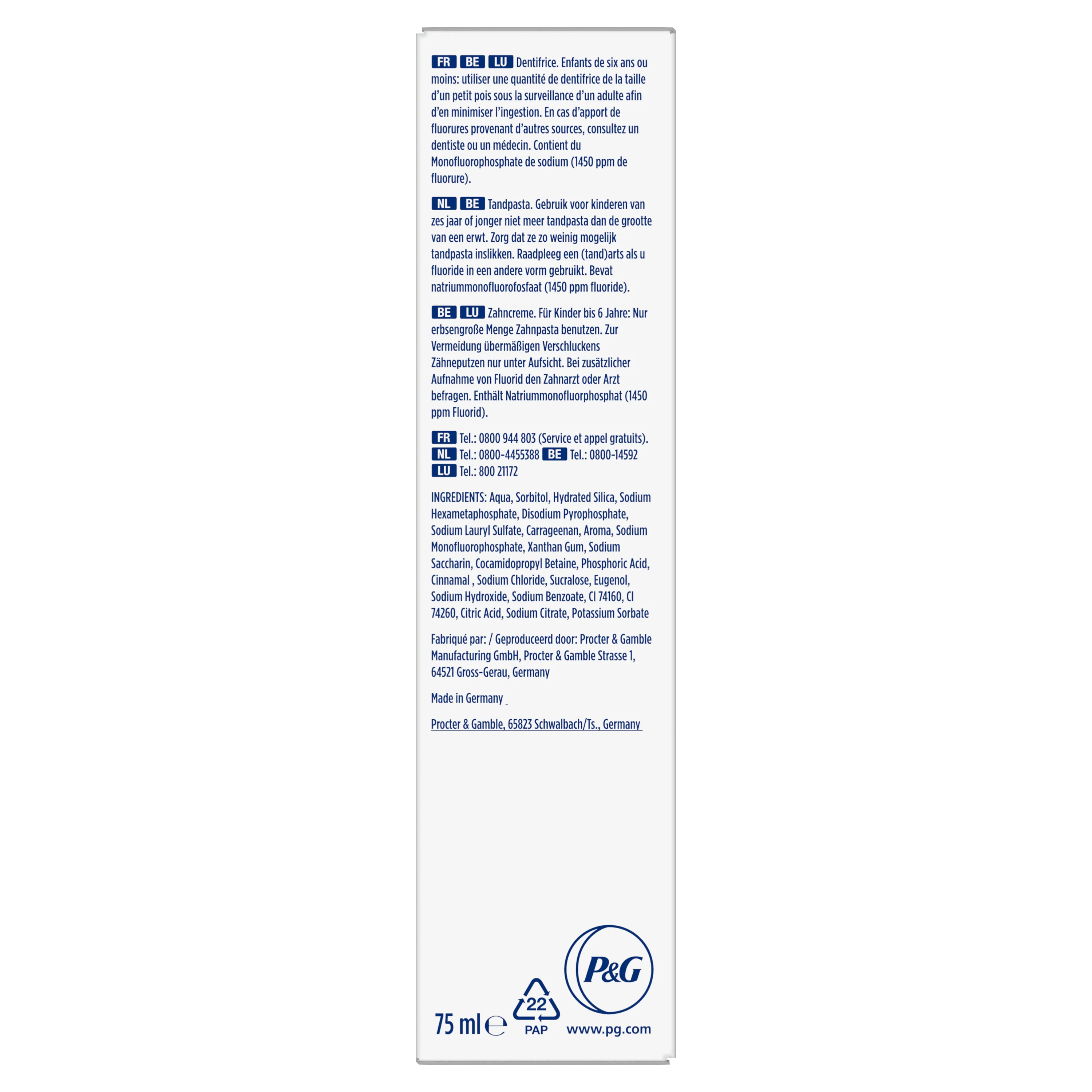 Oral-B dentifrice pour enfants, contenant du monofluorophosphate de sodium (1450 ppm de fluorure).