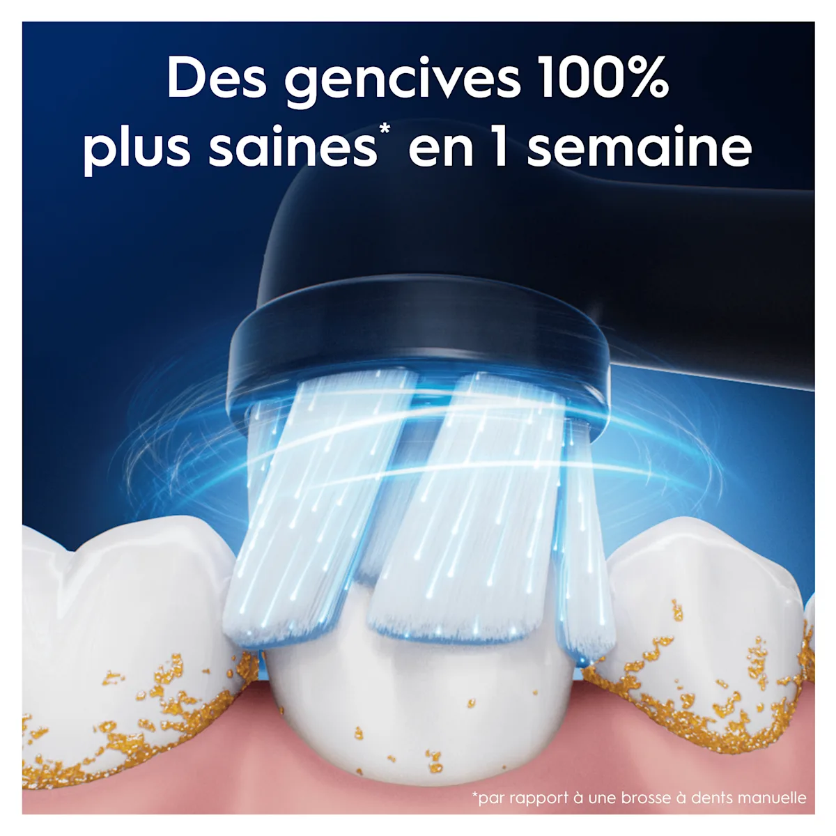 Brosse à dents Oral-B nettoyant une dent, illustrant des gencives 100% plus saines en une semaine.