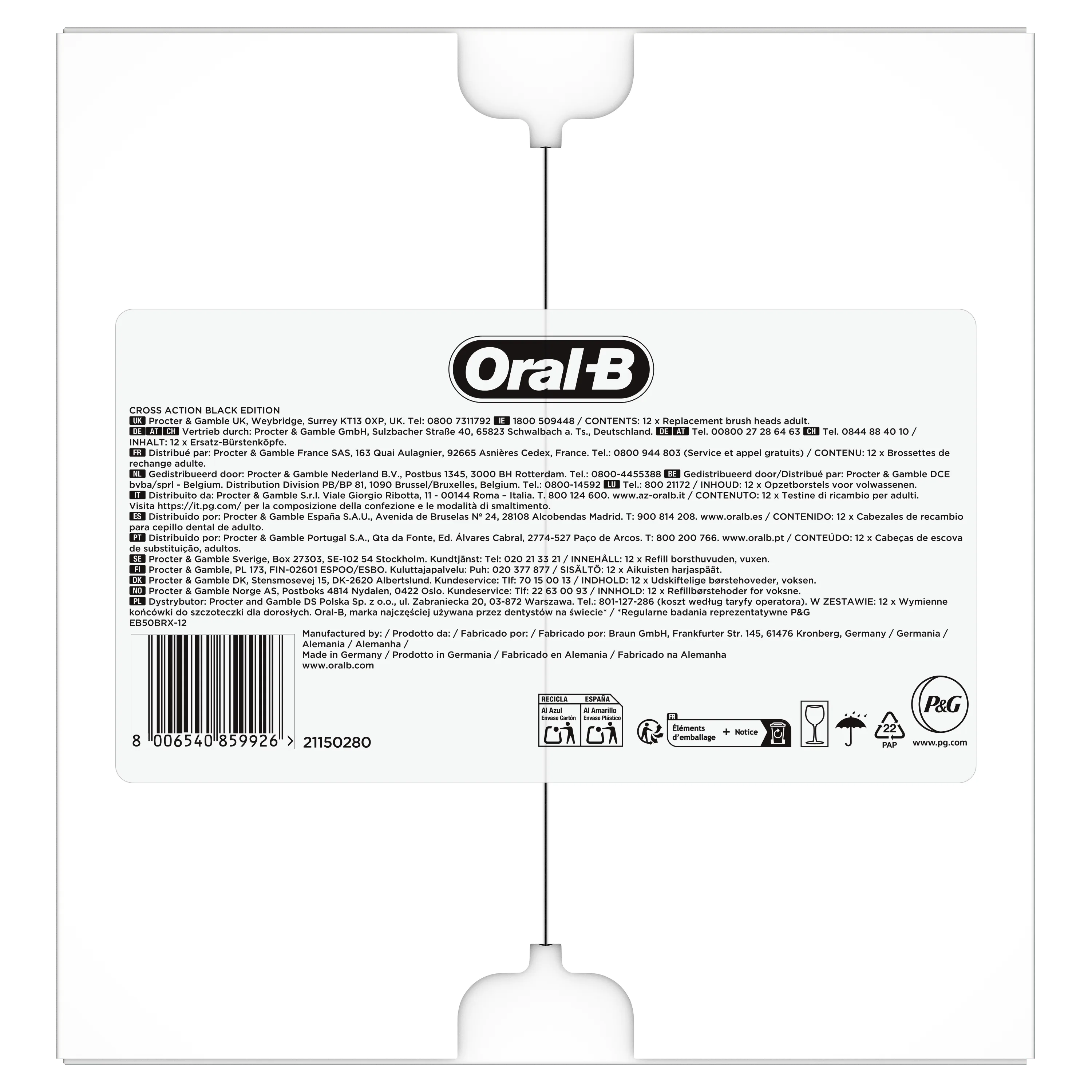 Oral-B Cross Action Black Edition, contenant 12 brossettes de rechange pour adultes.