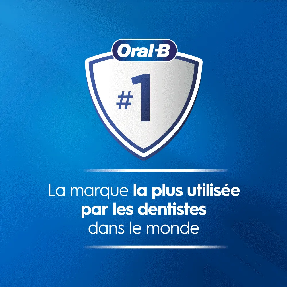 Écusson Oral-B avec "#1" sur fond bleu et texte "La marque la plus utilisée par les dentistes dans le monde"