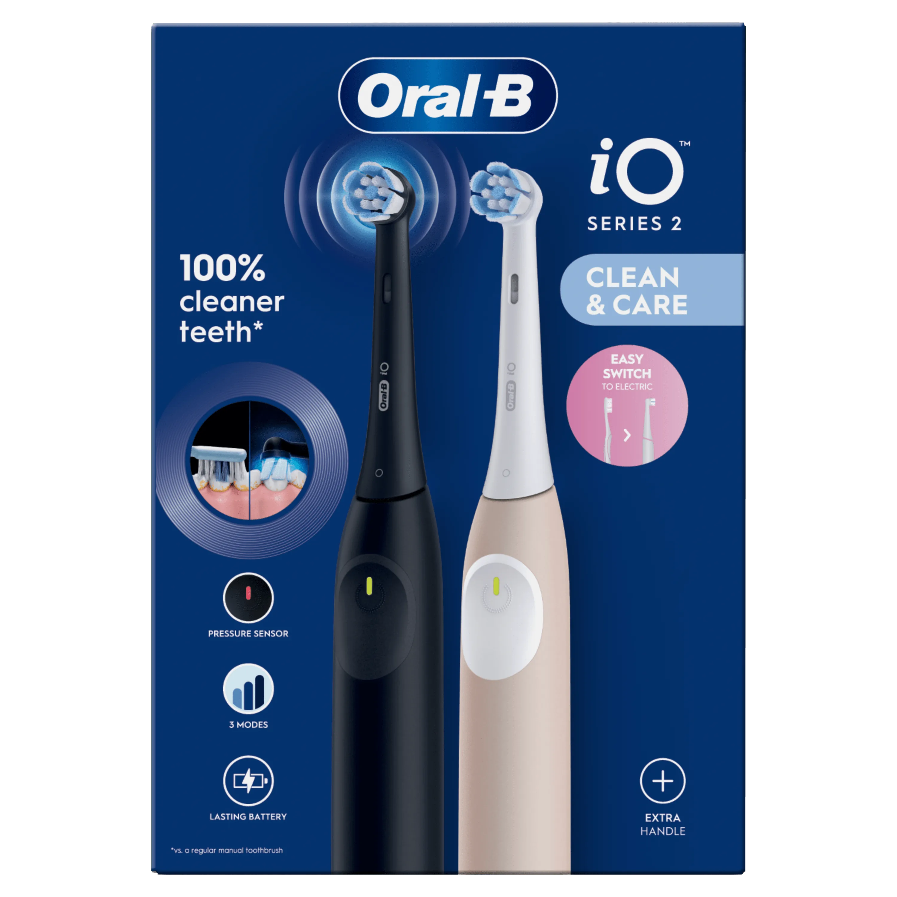 Oral-B iO Series 2 présentée dans son emballage, mettant en avant un nettoyage 100% plus efficace des dents.
