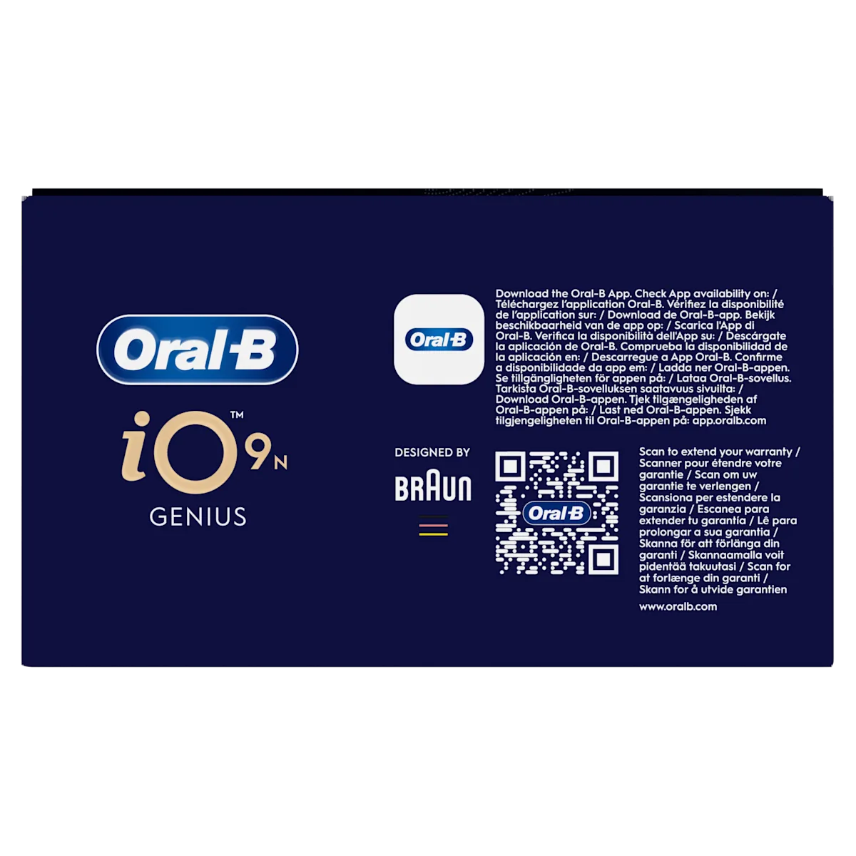 Oral-B iO 9N Genius, conçu par Braun, avec une mention de téléchargement de l’application Oral-B pour vérifier la disponibilité.