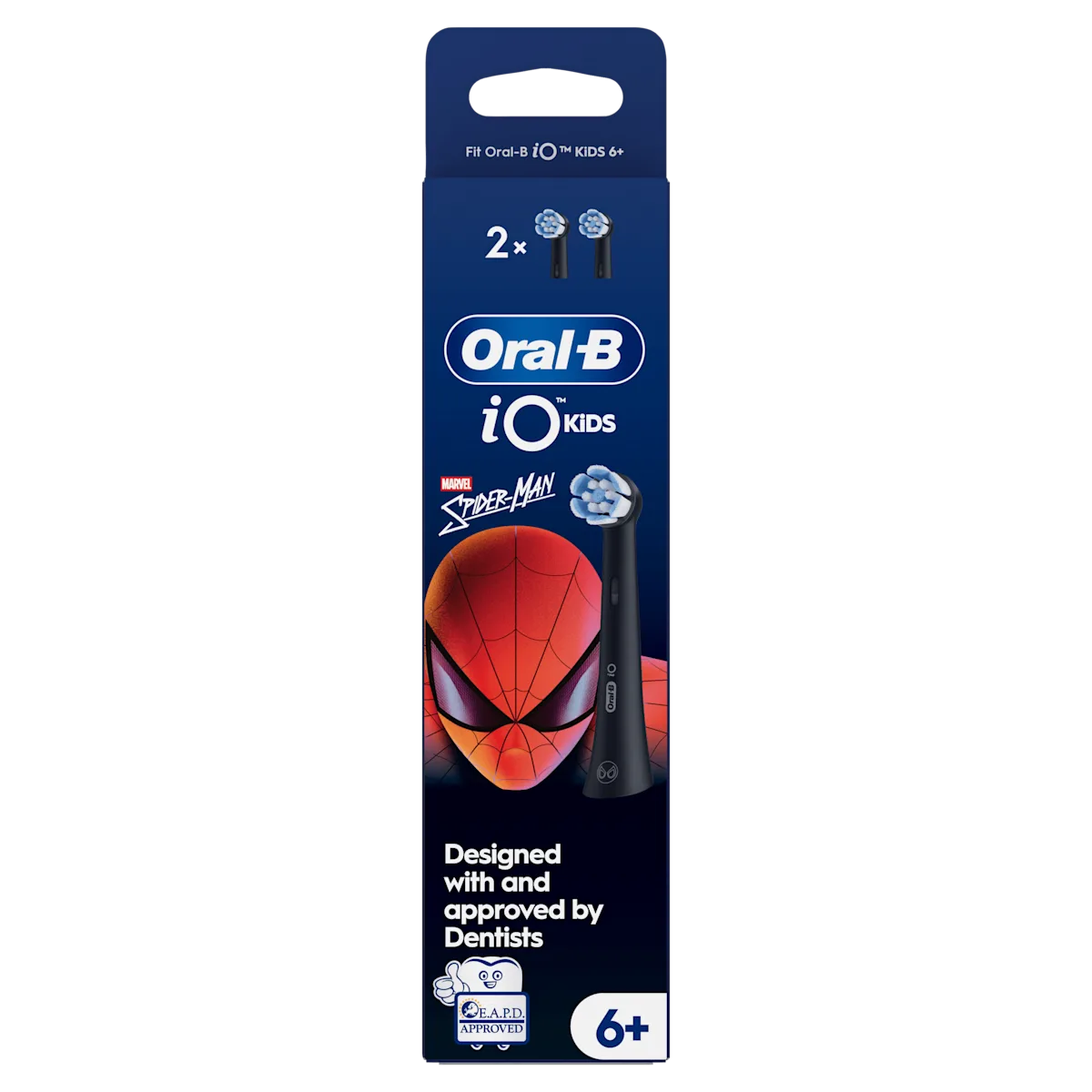Têtes de brosse Oral-B iO Kids, pack de deux, avec emballage Spiderman, conçues et approuvées par les dentistes.