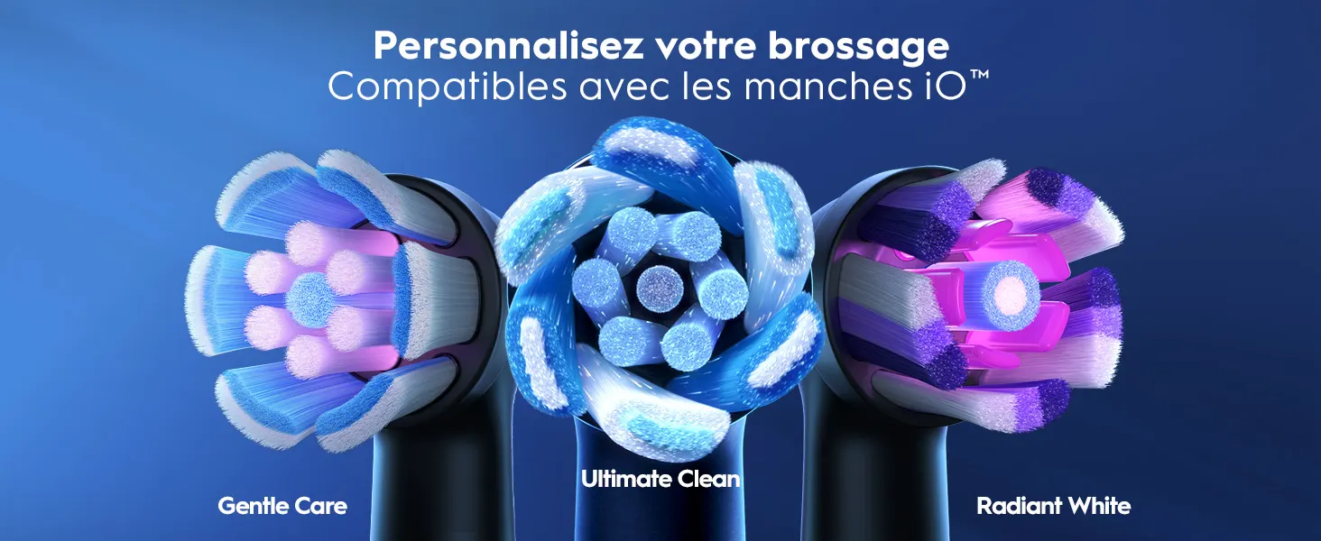 Trois têtes de brosse à dents électriques colorées : Gentle Care, Ultimate Clean et Radiant White. 