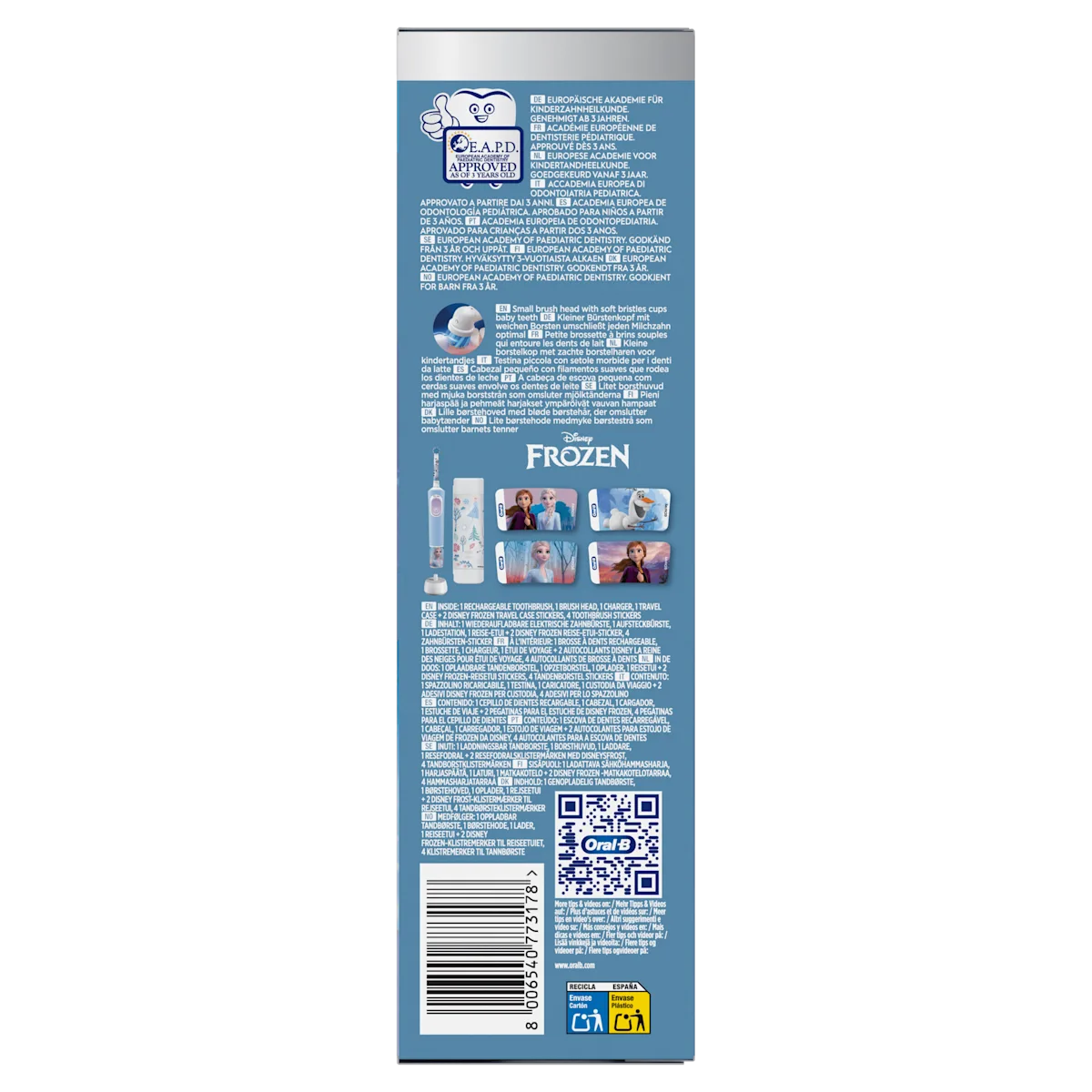 Brosse à dents Oral-B Disney Frozen, avec brossette souple pour enfants approuvée dès 3 ans.