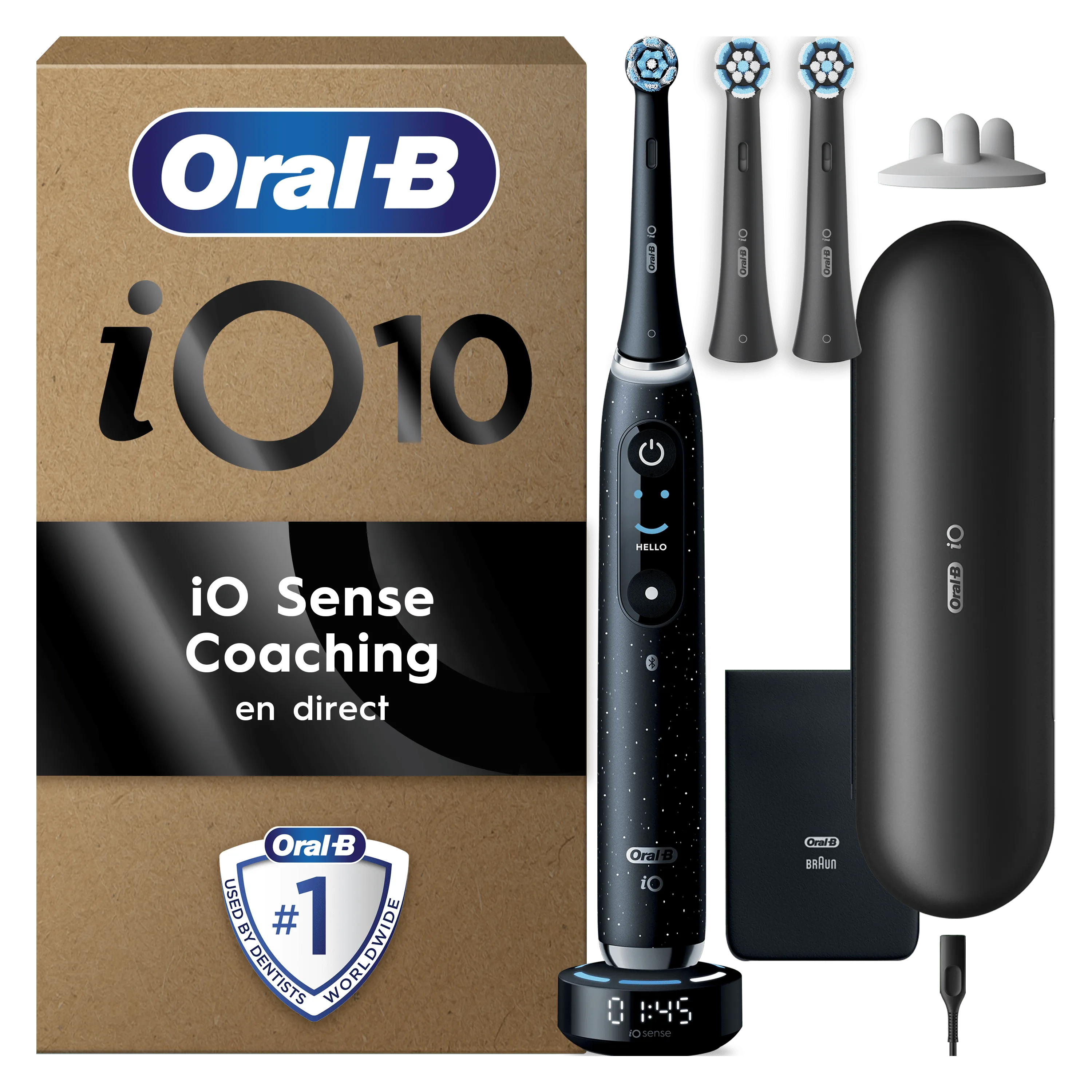 Oral-B iO 10, avec son emballage qui met en avant le "iO Sense Coaching en direct".