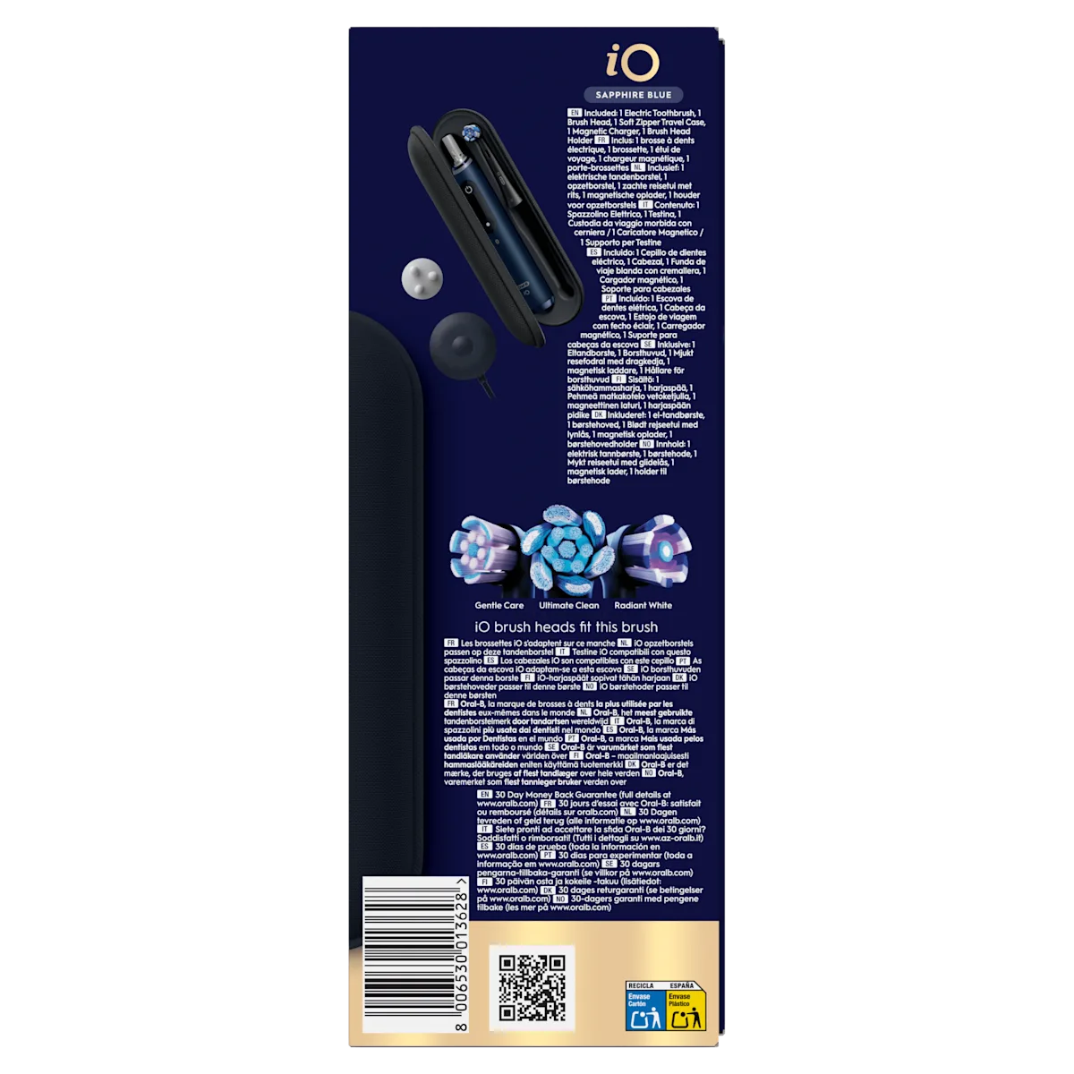 Oral-B iO Sapphire Blue, montrant une brosse à dents électrique, un étui de voyage, un chargeur magnétique et des brossettes.