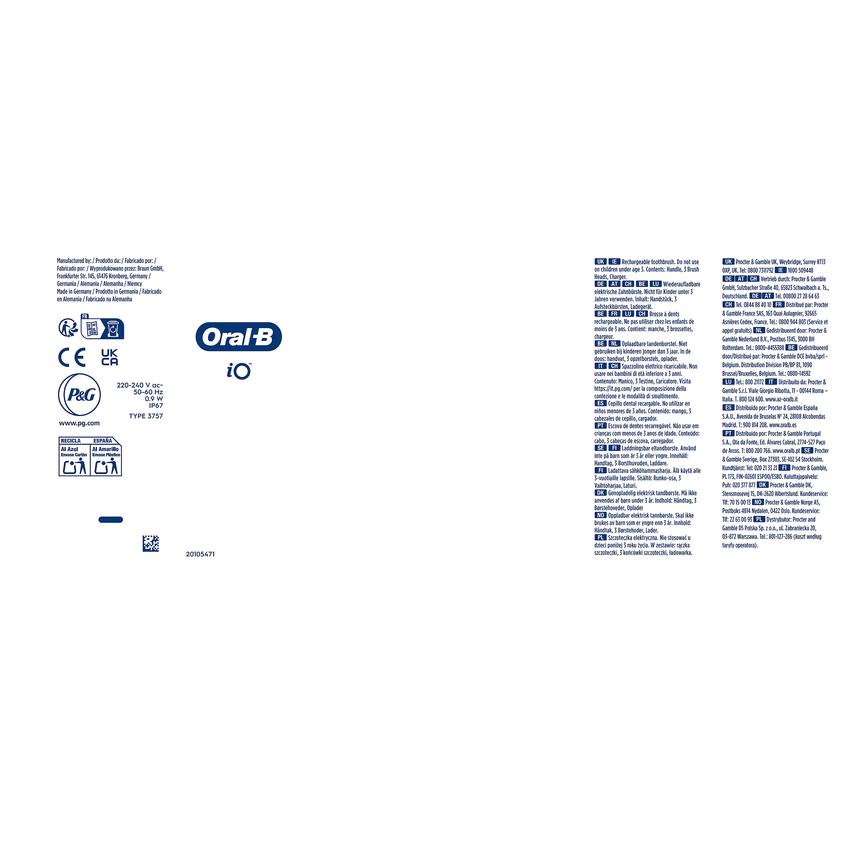 Oral-B iO, emballage indiquant une brosse à dents rechargeable avec manche, trois brossettes et un chargeur inclus.