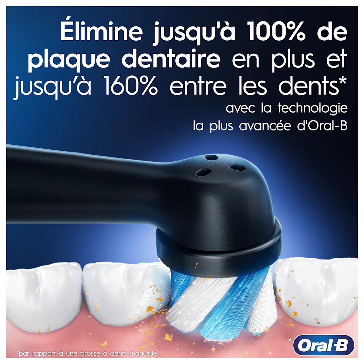 La brosse à dents Oral-B élimine jusqu'à 100% de plaque dentaire et jusqu'à 160% entre les dents, comparé à une brosse à dents manuelle.