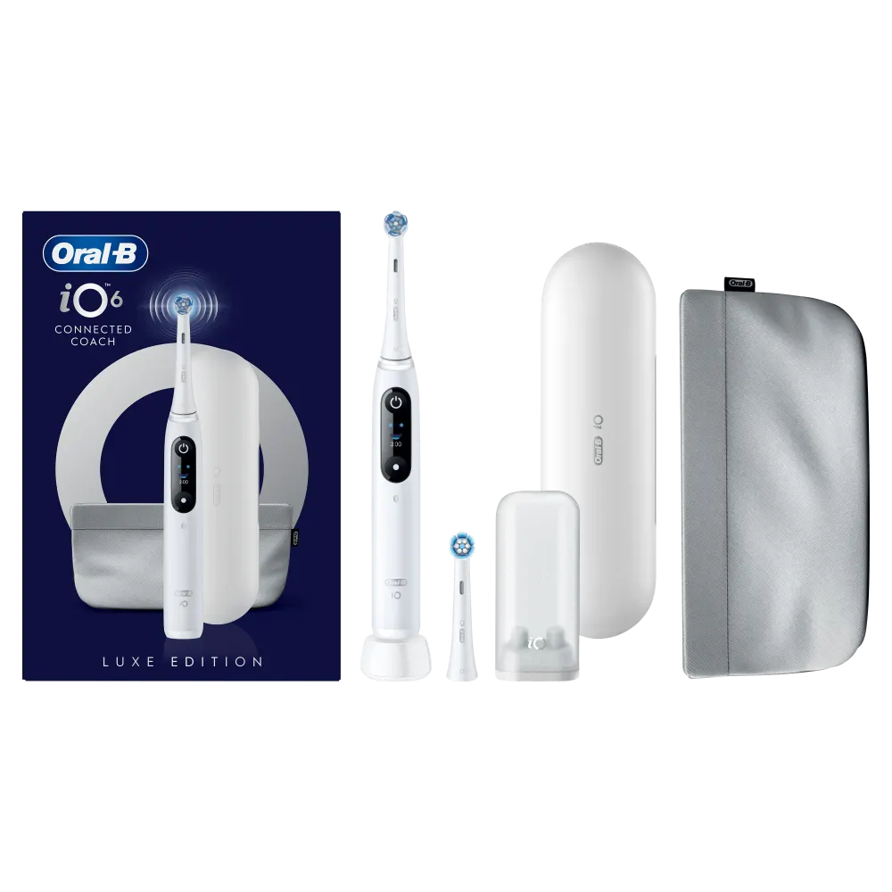 Brosse à dents Oral-B iO6 Édition Luxe, présentant son emballage et l’ensemble des accessoires inclus.