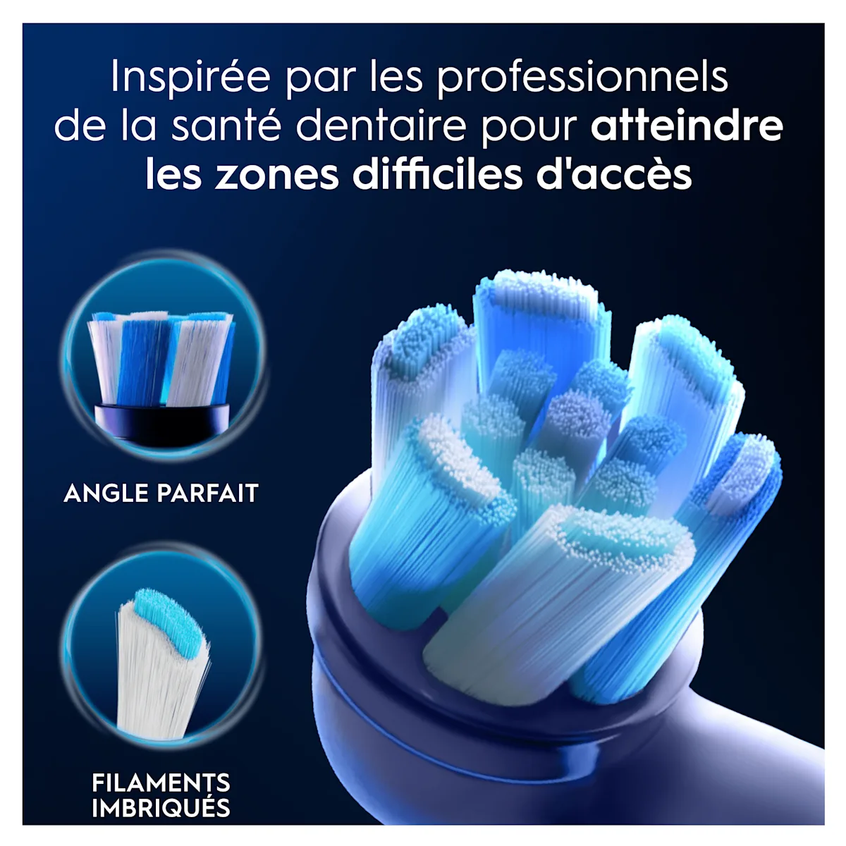 La tête de brosse Oral-B, avec son angle parfait et ses filaments imbriqués, est conçue pour atteindre les zones difficiles d'accès.