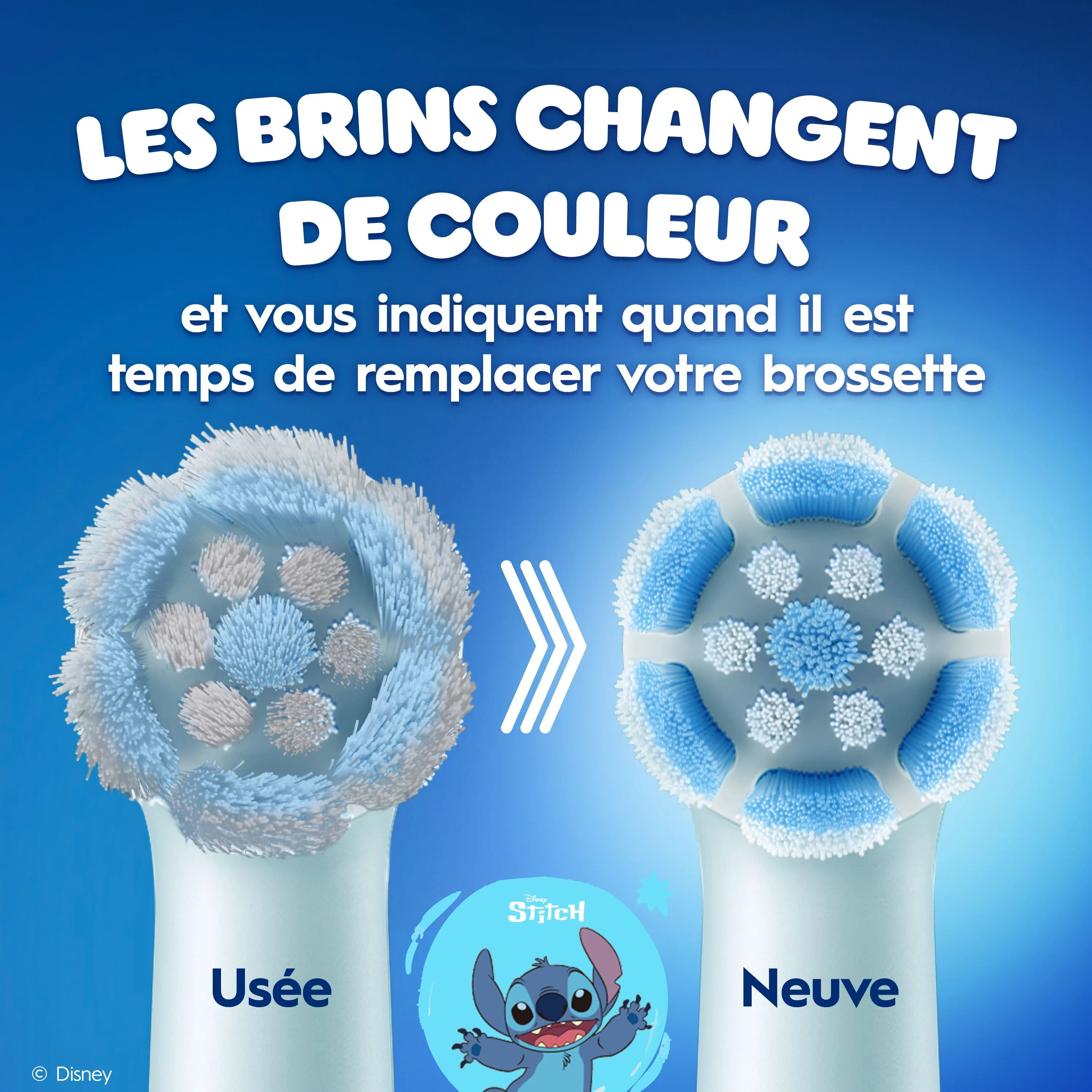 Avant/après des brossettes de brosse à dents usées puis neuves, du blanc au bleu