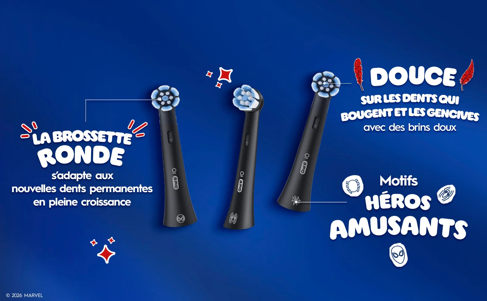 Arrière-plan bleu avec 3 brossettes montrant les avantages