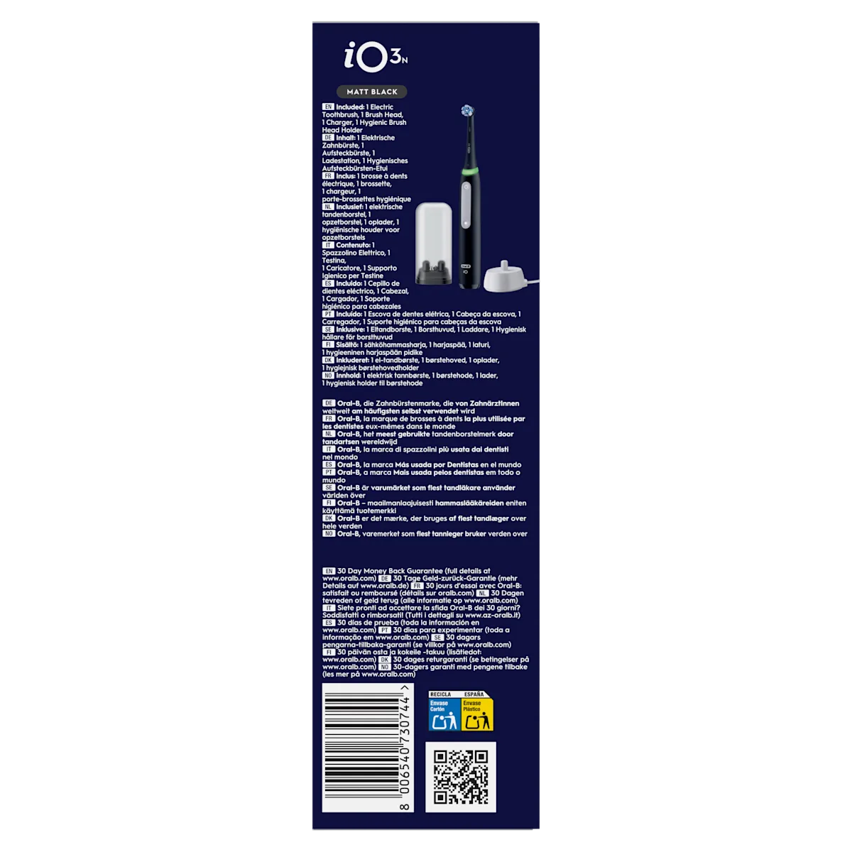 Brosse à dents électrique Oral-B iO3 noire avec brossette, station de charge et étui hygiénique pour brossettes inclus dans la boîte.