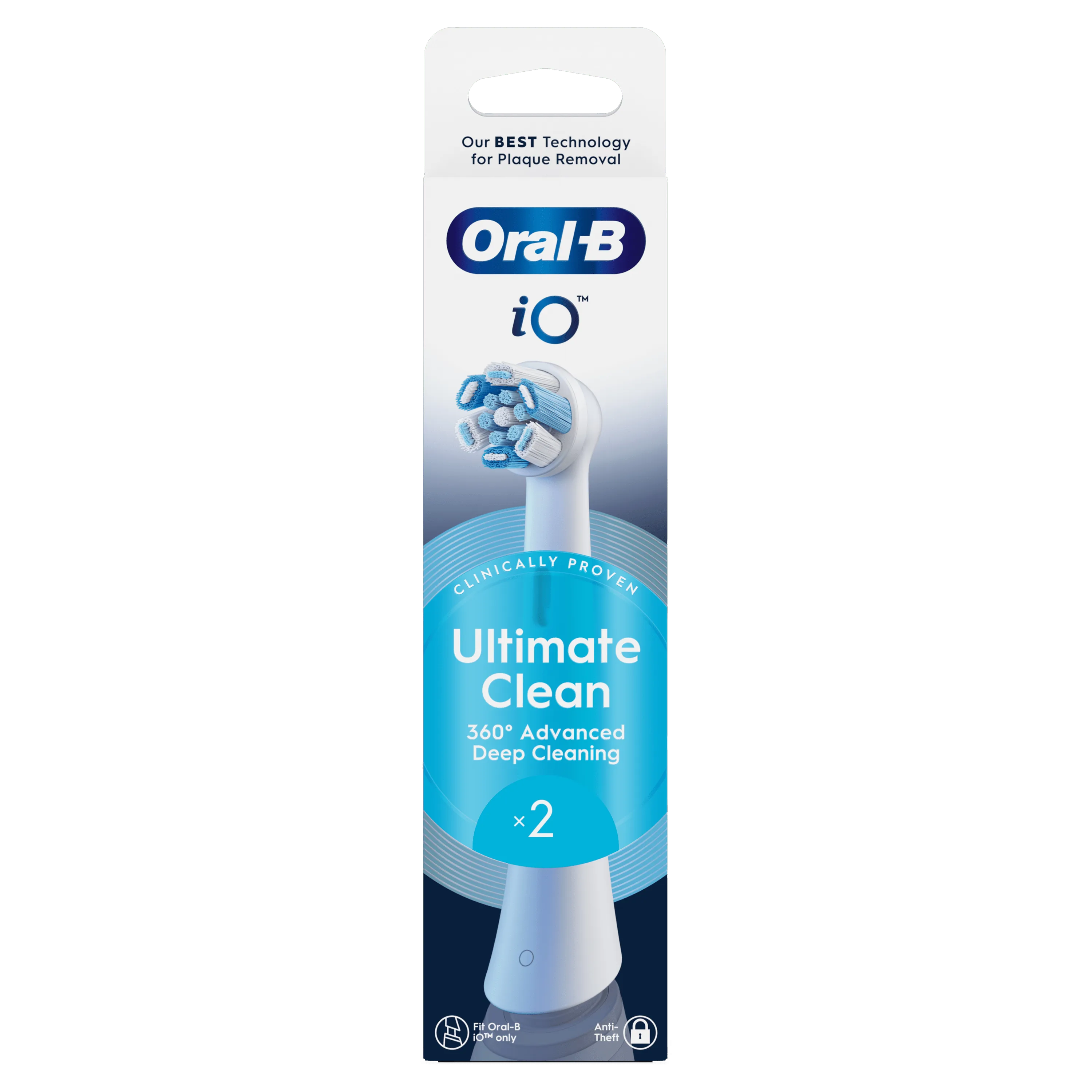 Oral-B iO, emballage des brossettes Ultimate Clean, cliniquement prouvées, pour un nettoyage en profondeur avancé à 360°.
