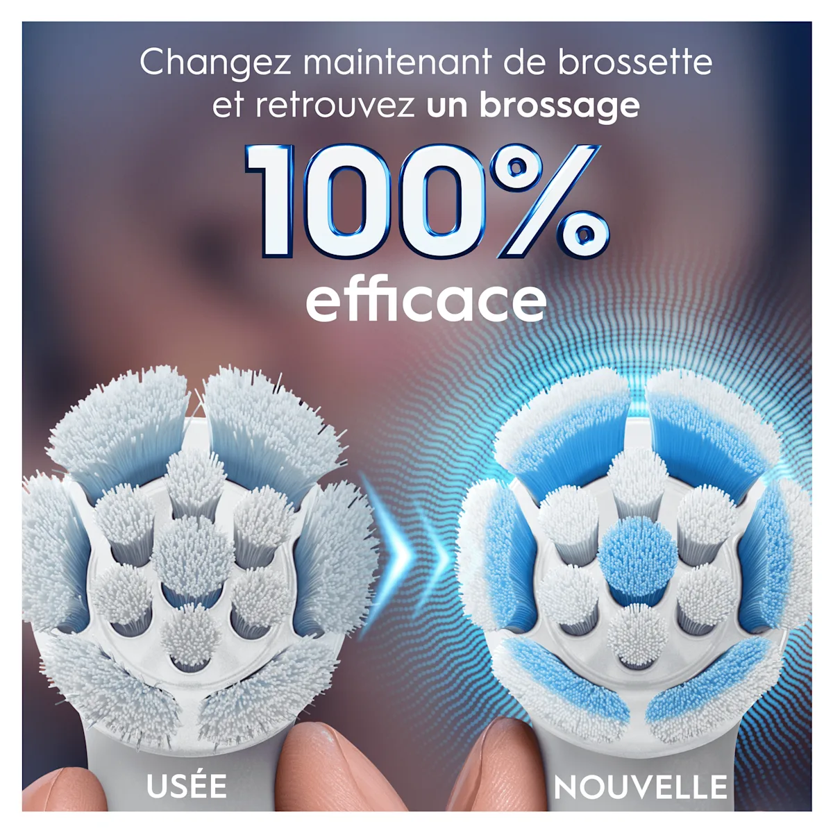 Brosse à dents Oral-B : Comparaison visuelle d'une brossette usée et d'une brossette neuve pour un brossage 100% efficace.